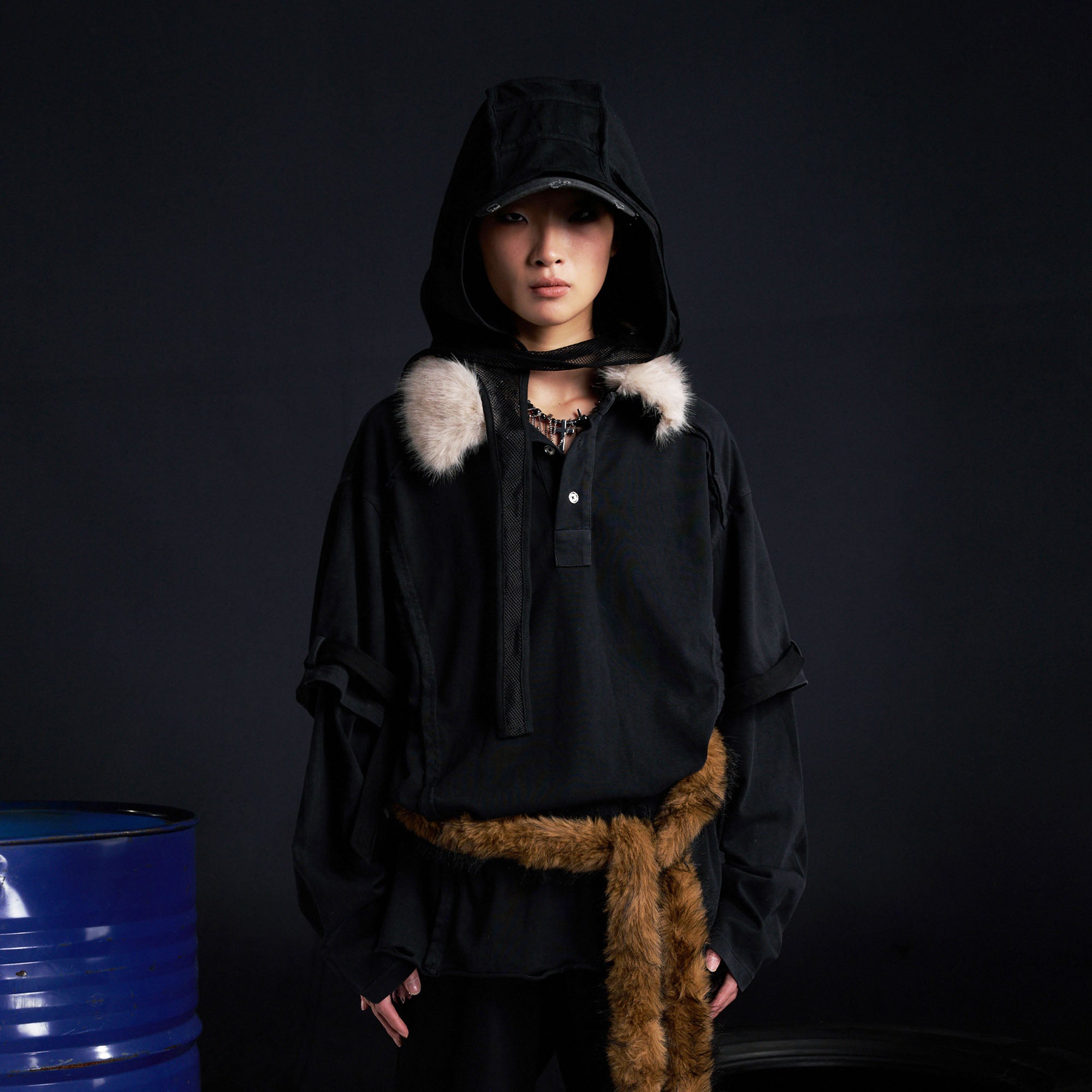 RECOVER ZONE Detachable Faux Fur Collar Long Sleeve Shirt