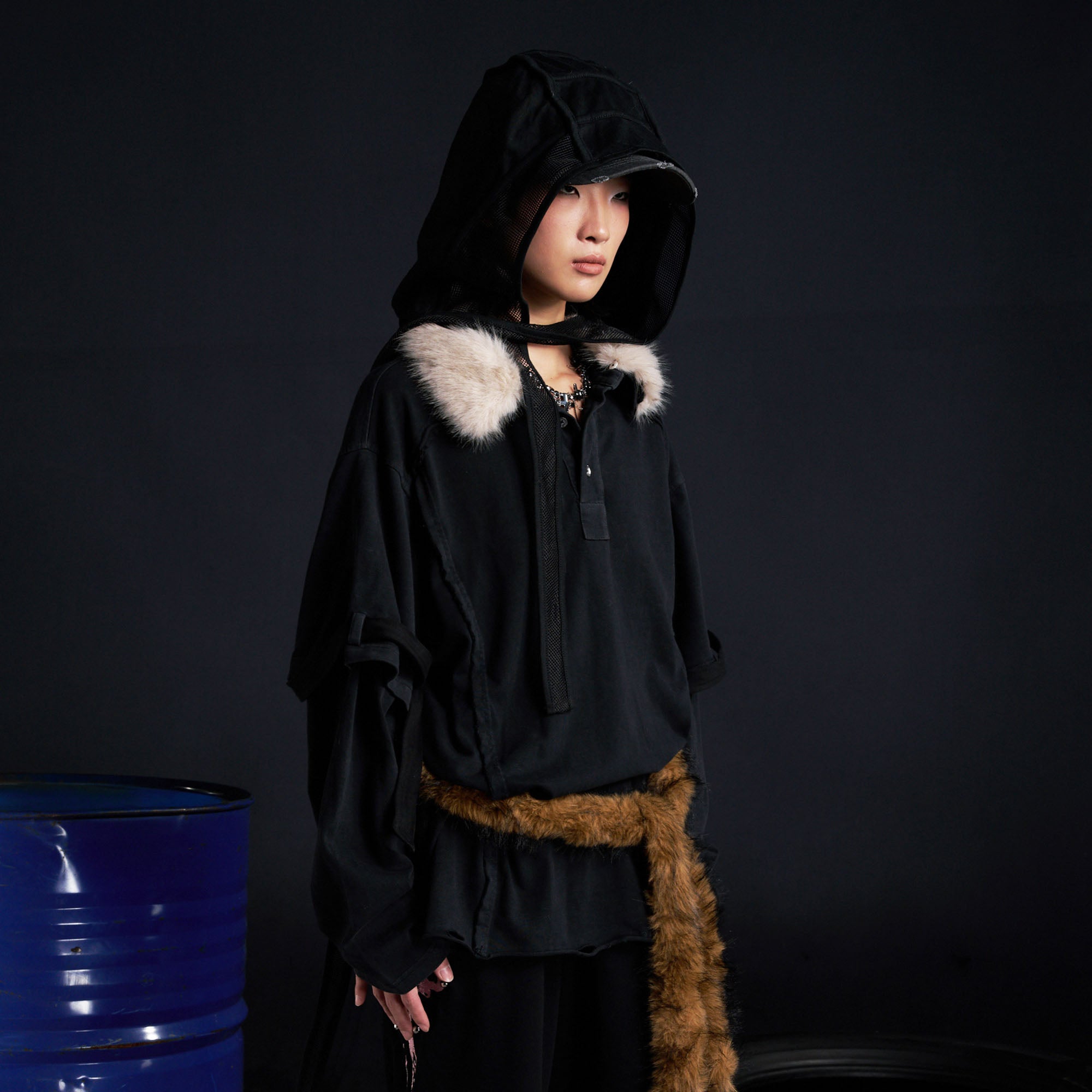 RECOVER ZONE Detachable Faux Fur Collar Long Sleeve Shirt