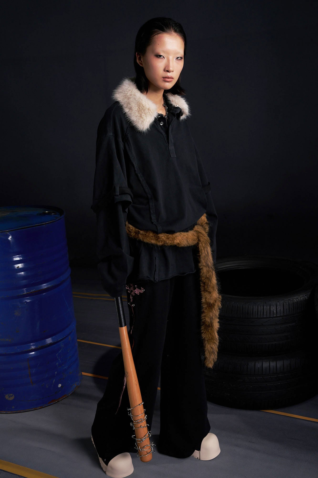 RECOVER ZONE Detachable Faux Fur Collar Long Sleeve Shirt