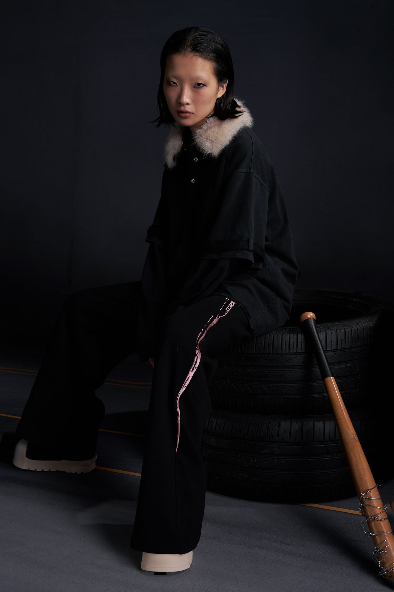 RECOVER ZONE Detachable Faux Fur Collar Long Sleeve Shirt