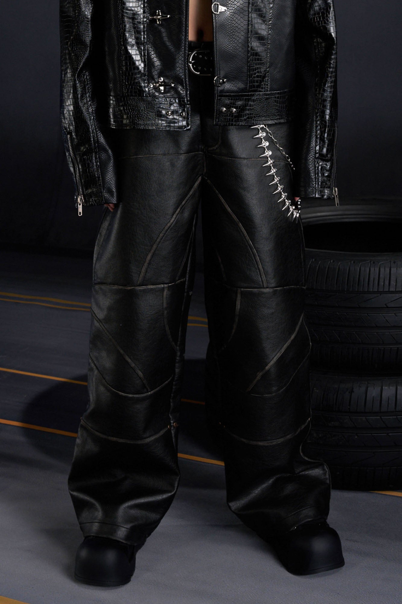 RECOVER ZONE Deconstructed Paneled Faux Leather Wide-Leg Pants, premium urban and streetwear designers apparel on PROJECTISR.com, RECOVER ZONE