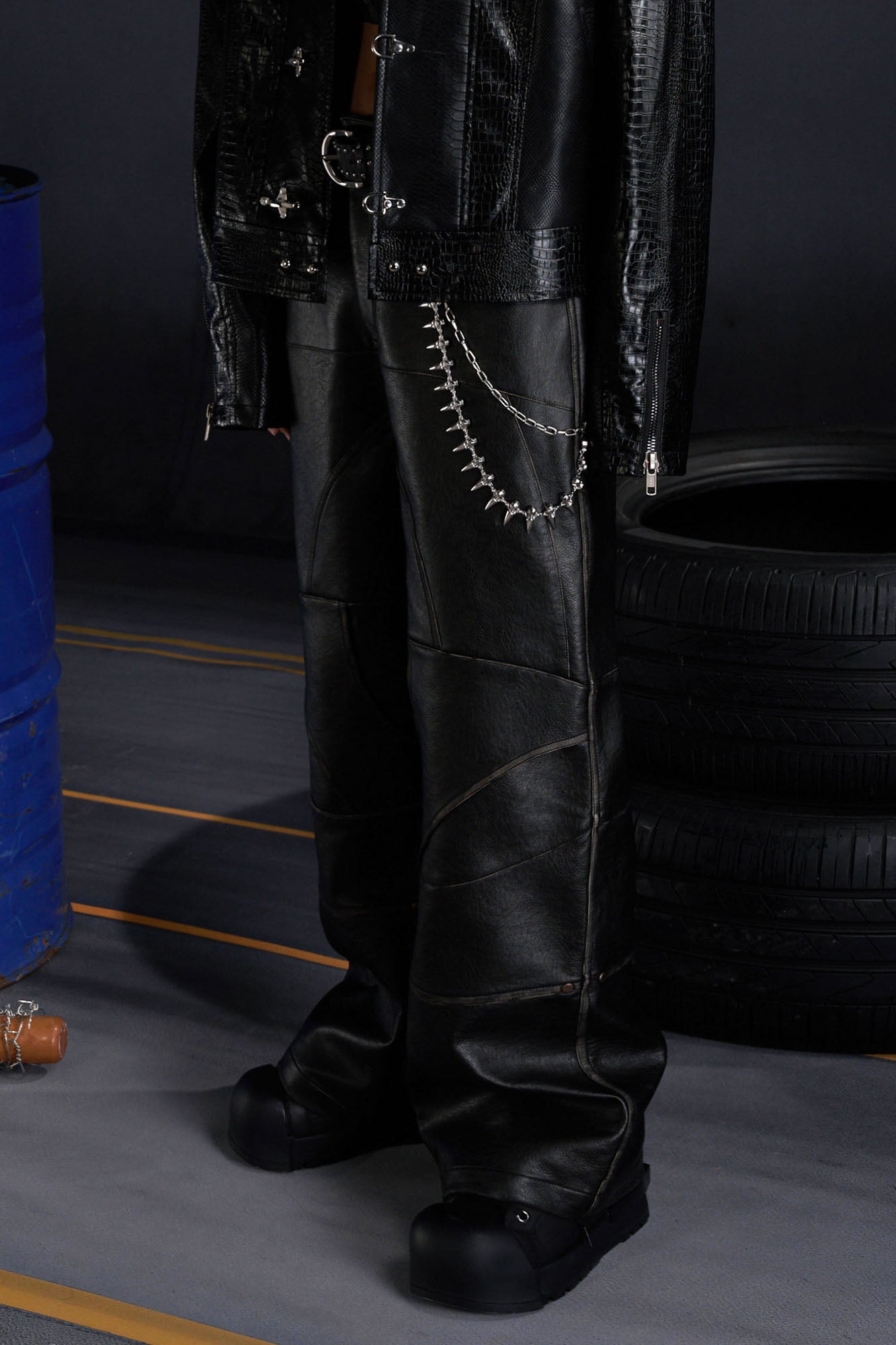 RECOVER ZONE Deconstructed Paneled Faux Leather Wide-Leg Pants, premium urban and streetwear designers apparel on PROJECTISR.com, RECOVER ZONE