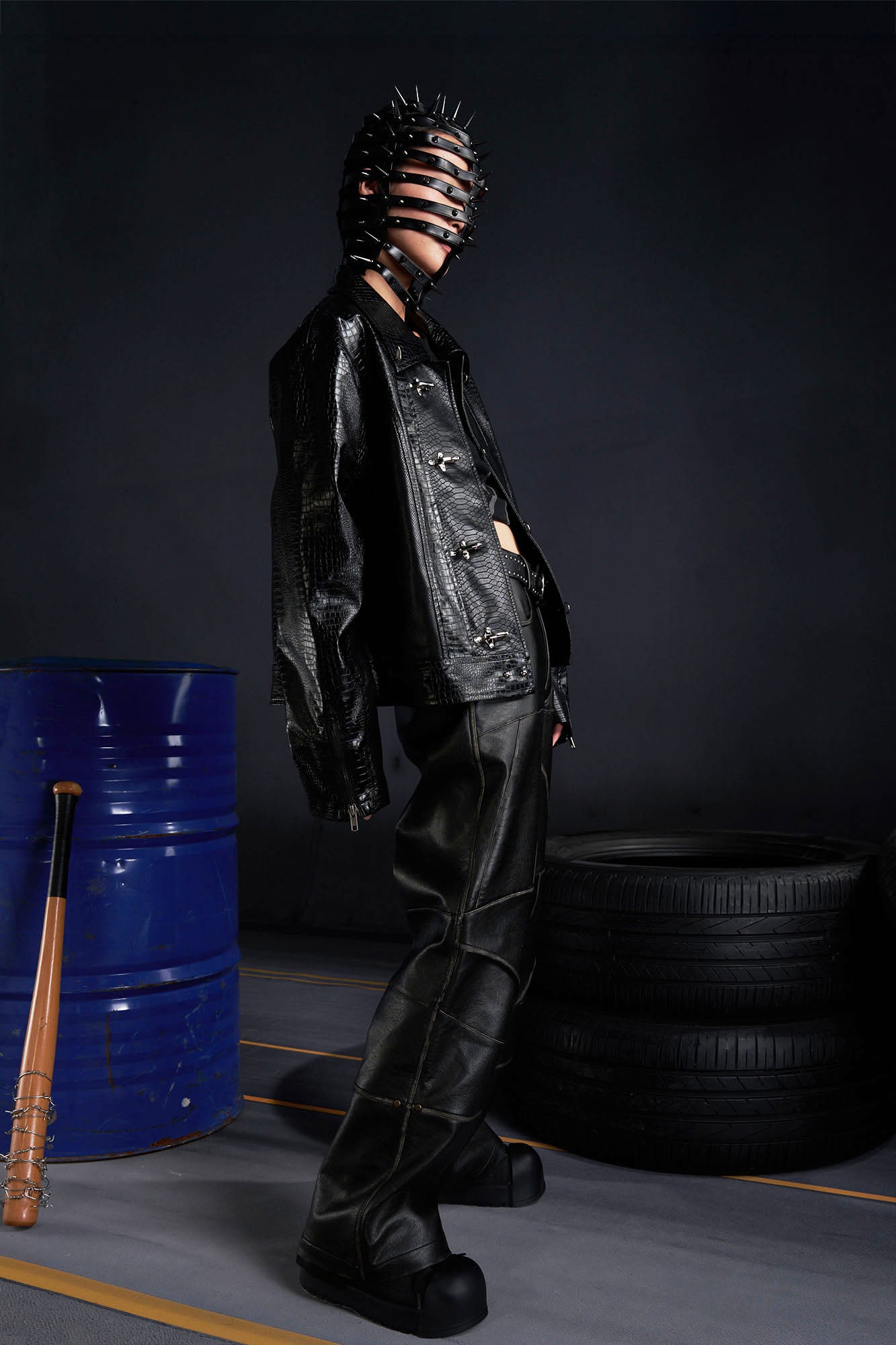 RECOVER ZONE Deconstructed Paneled Faux Leather Wide-Leg Pants, premium urban and streetwear designers apparel on PROJECTISR.com, RECOVER ZONE