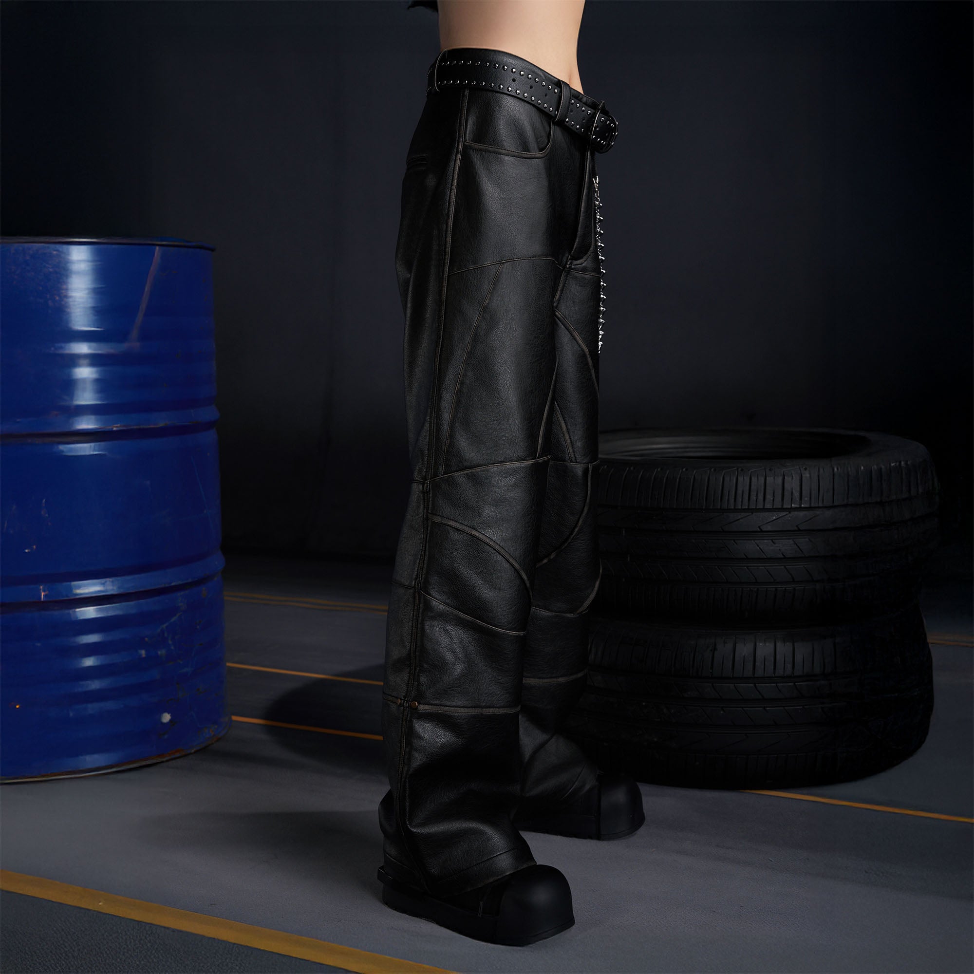 RECOVER ZONE Deconstructed Paneled Faux Leather Wide-Leg Pants, premium urban and streetwear designers apparel on PROJECTISR.com, RECOVER ZONE
