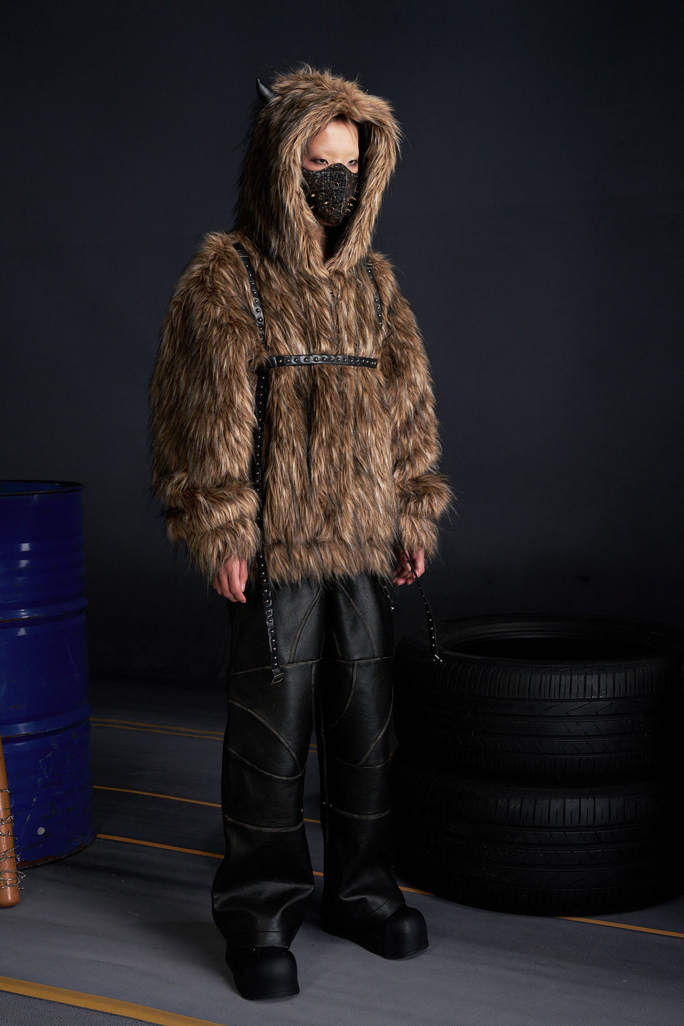 RECOVER ZONE Devil Horns Hood Detachable Strap Faux Fur Jacket, premium urban and streetwear designers apparel on PROJECTISR.com, RECOVER ZONE