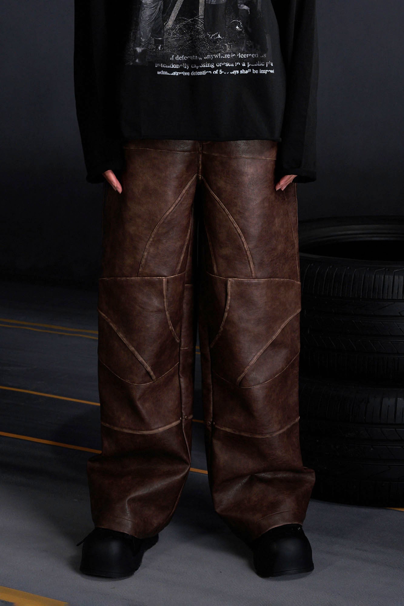 RECOVER ZONE Deconstructed Paneled Faux Leather Wide-Leg Pants, premium urban and streetwear designers apparel on PROJECTISR.com, RECOVER ZONE