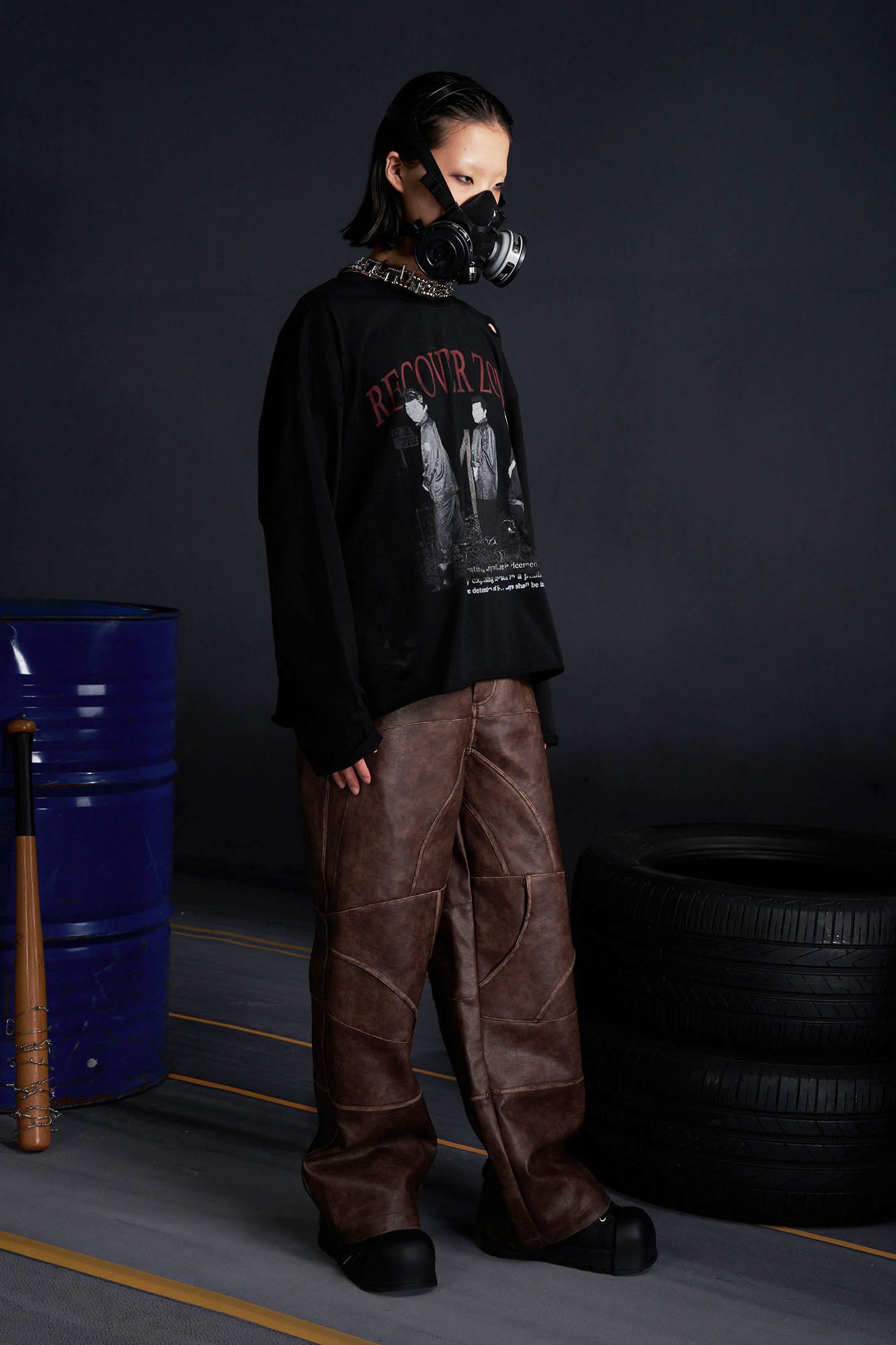 RECOVER ZONE Deconstructed Paneled Faux Leather Wide-Leg Pants, premium urban and streetwear designers apparel on PROJECTISR.com, RECOVER ZONE