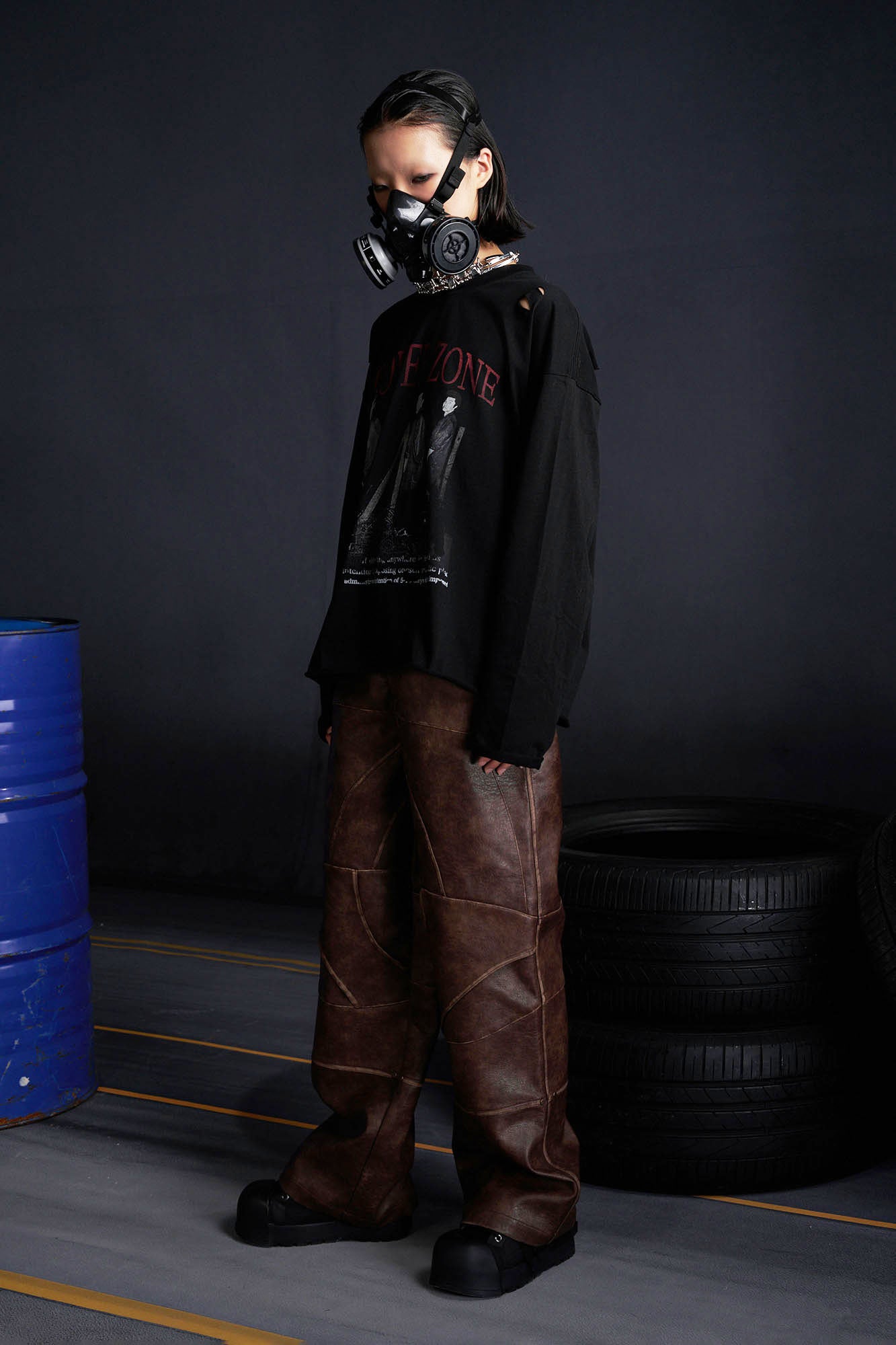 RECOVER ZONE Deconstructed Paneled Faux Leather Wide-Leg Pants, premium urban and streetwear designers apparel on PROJECTISR.com, RECOVER ZONE