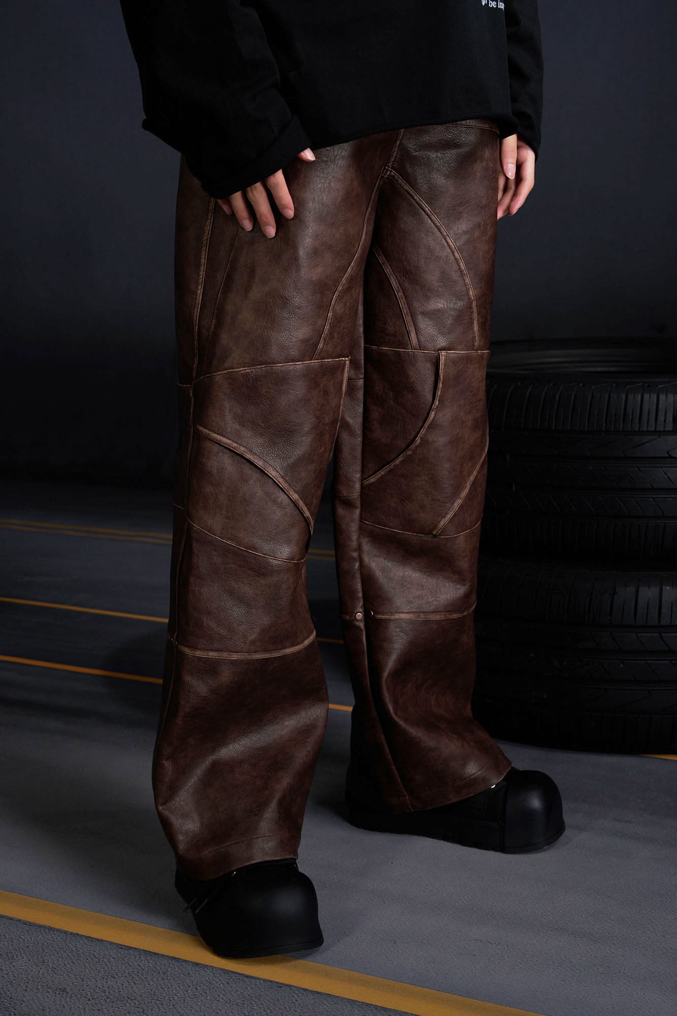 RECOVER ZONE Deconstructed Paneled Faux Leather Wide-Leg Pants, premium urban and streetwear designers apparel on PROJECTISR.com, RECOVER ZONE