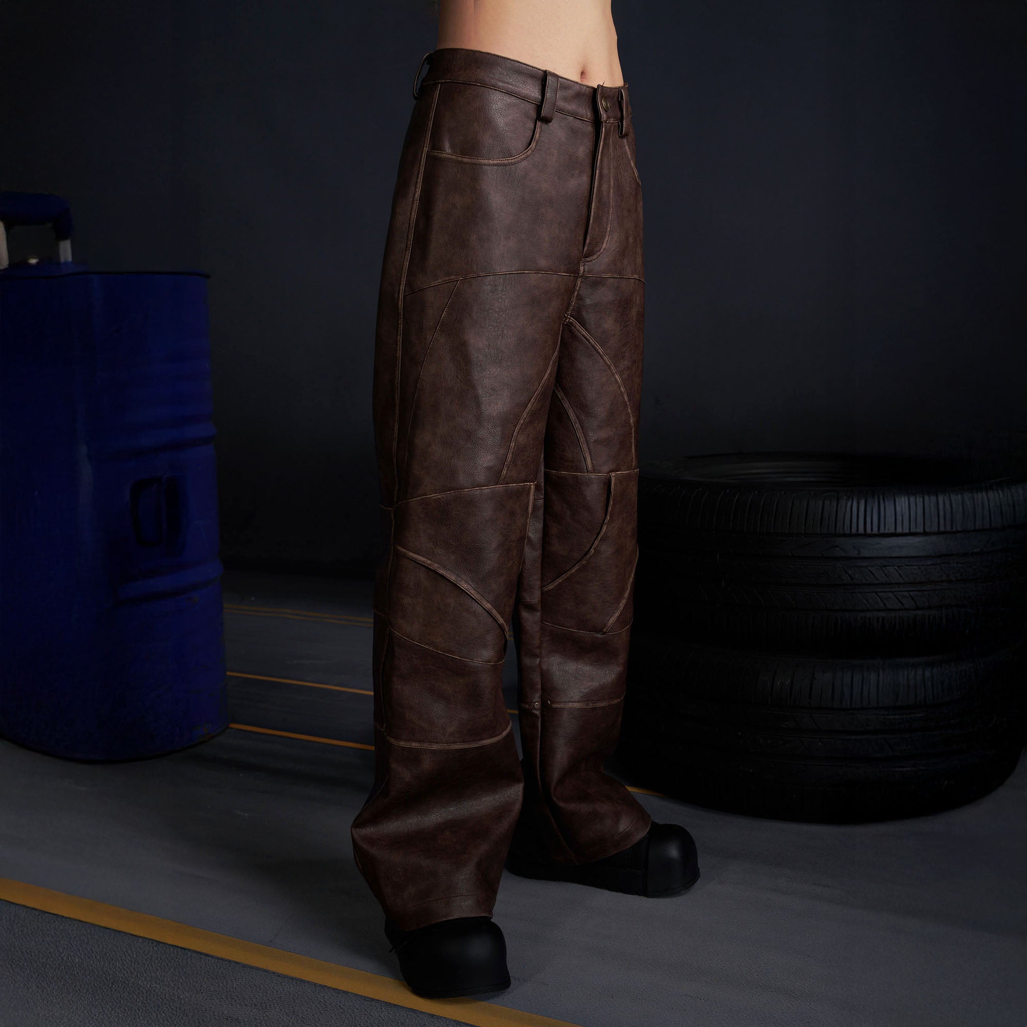 RECOVER ZONE Deconstructed Paneled Faux Leather Wide-Leg Pants, premium urban and streetwear designers apparel on PROJECTISR.com, RECOVER ZONE