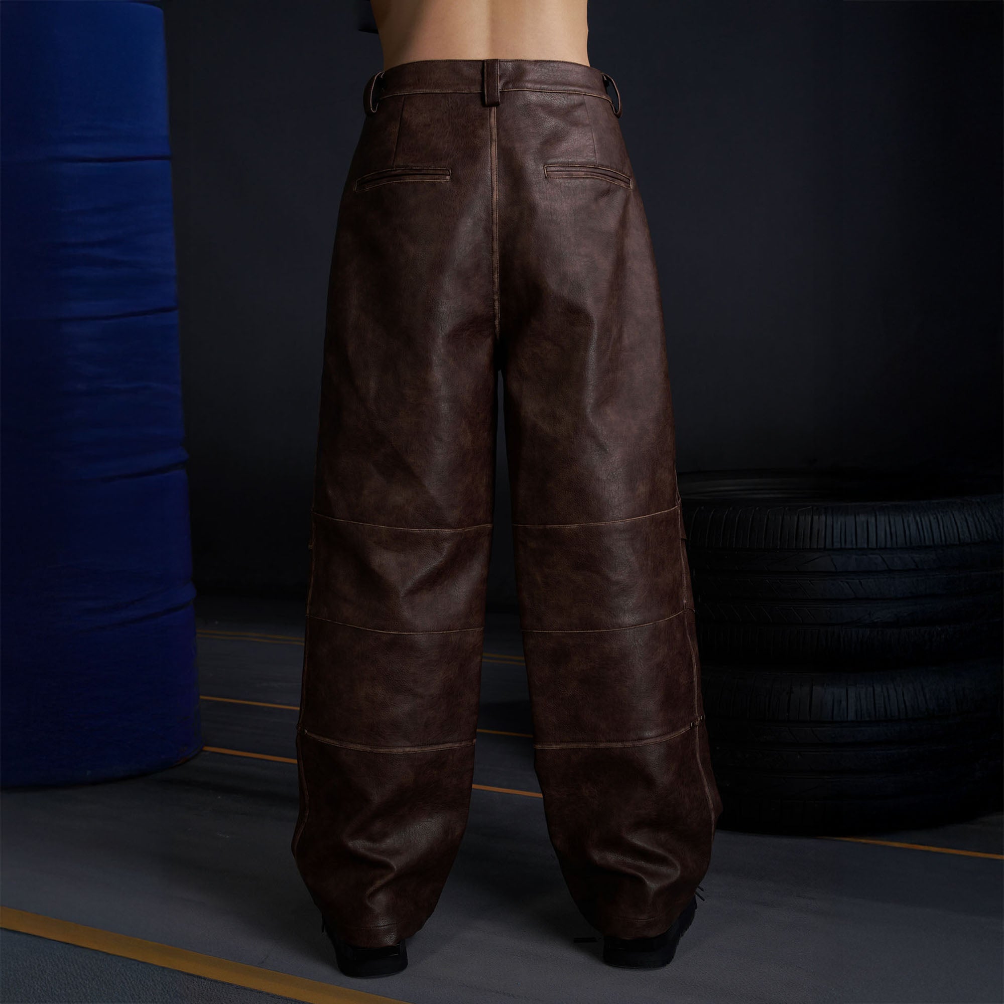 RECOVER ZONE Deconstructed Paneled Faux Leather Wide-Leg Pants, premium urban and streetwear designers apparel on PROJECTISR.com, RECOVER ZONE