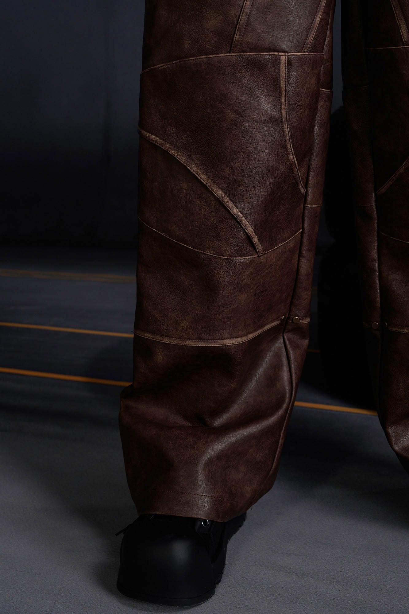 RECOVER ZONE Deconstructed Paneled Faux Leather Wide-Leg Pants, premium urban and streetwear designers apparel on PROJECTISR.com, RECOVER ZONE