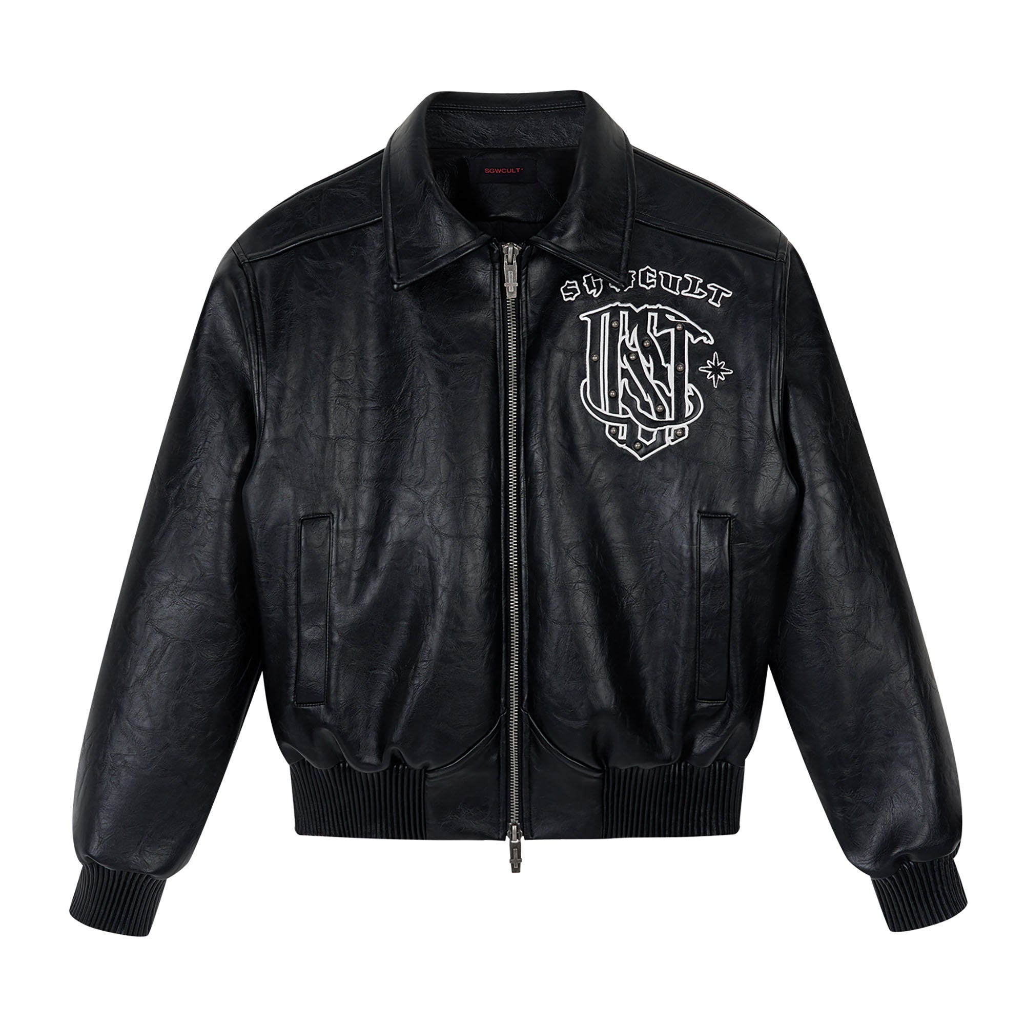 SAVAGEGROWTHWORLD No.05 Patch Faux Leather Studded Moto Jacket