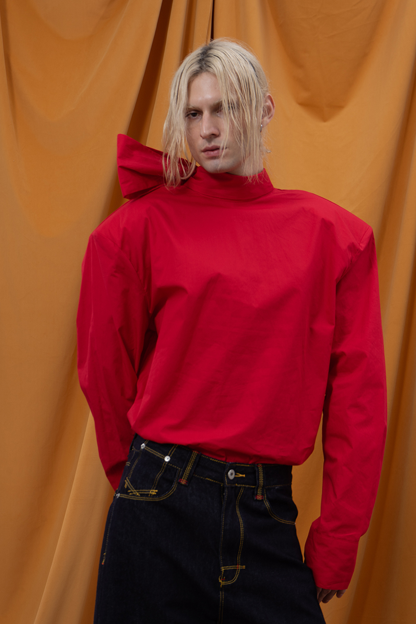 CLP Padded-Shoulder Tie-Back Mandarin Collar Shirt