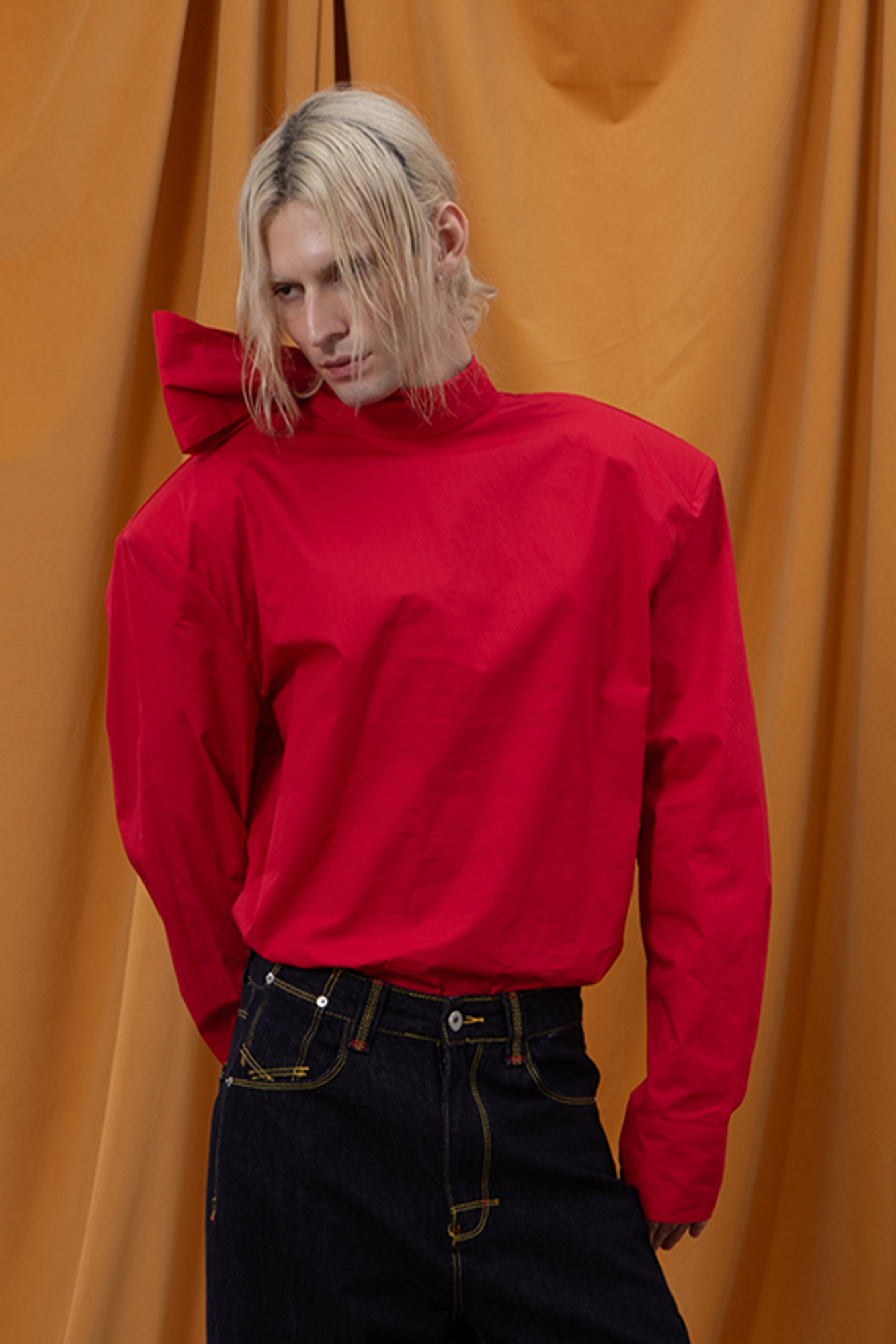 CLP Padded-Shoulder Tie-Back Mandarin Collar Shirt