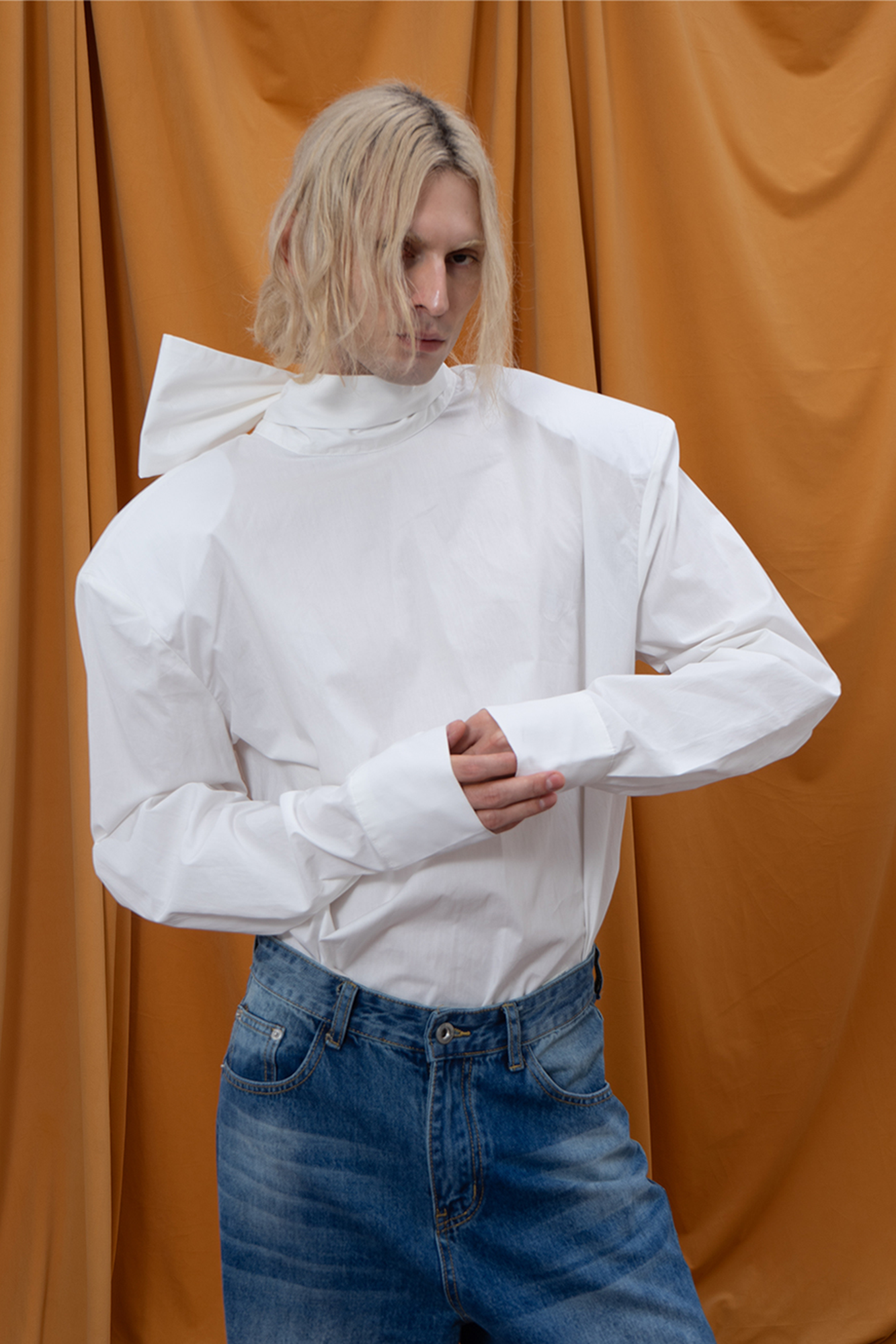 CLP Padded-Shoulder Tie-Back Mandarin Collar Shirt
