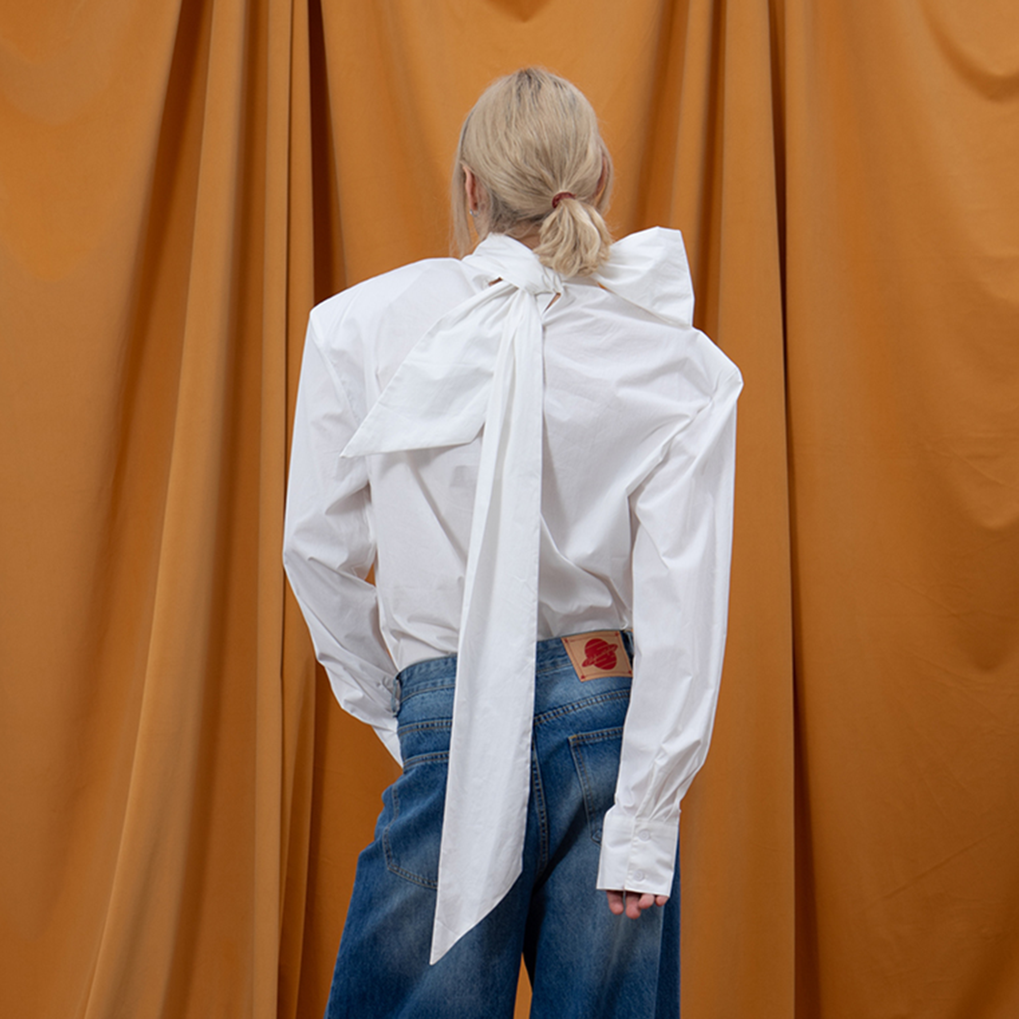 CLP Padded-Shoulder Tie-Back Mandarin Collar Shirt