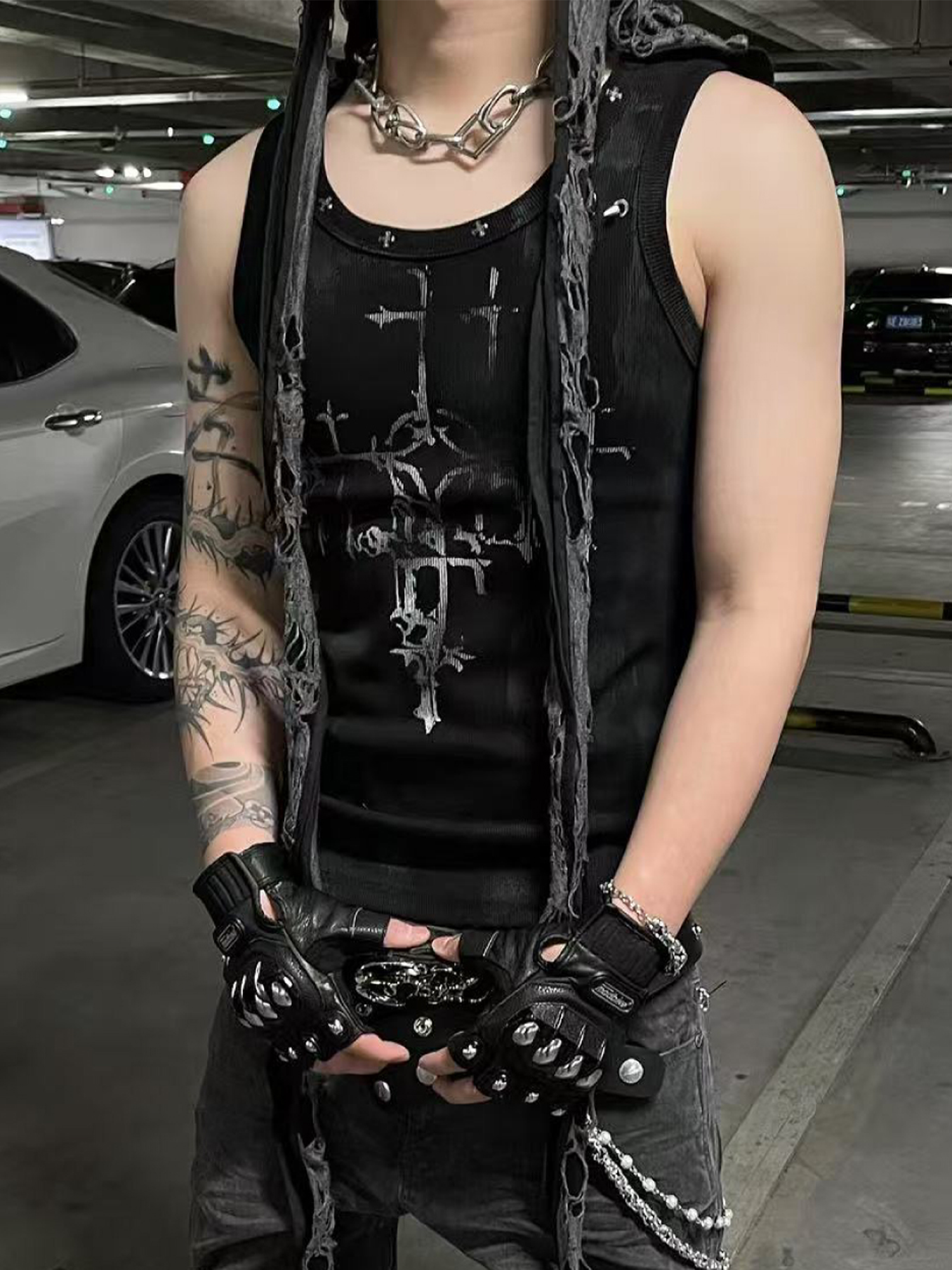 TH4SWE Retro Gothic Cross Graphic Studded Tank Top