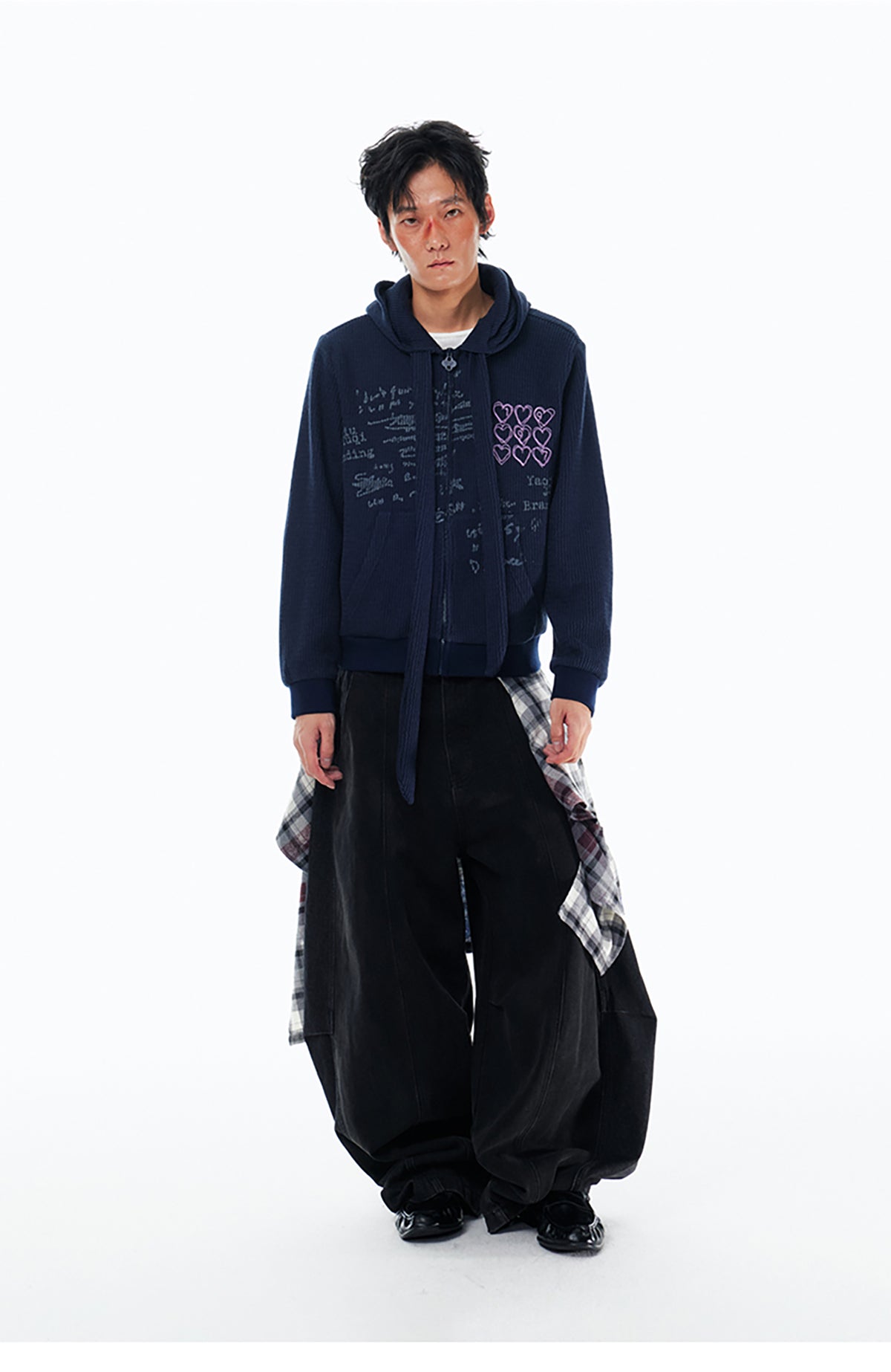 1997 POSTOFFICE Graffiti Waffle-Knit Tie-Strap Zip-Up Hoodie