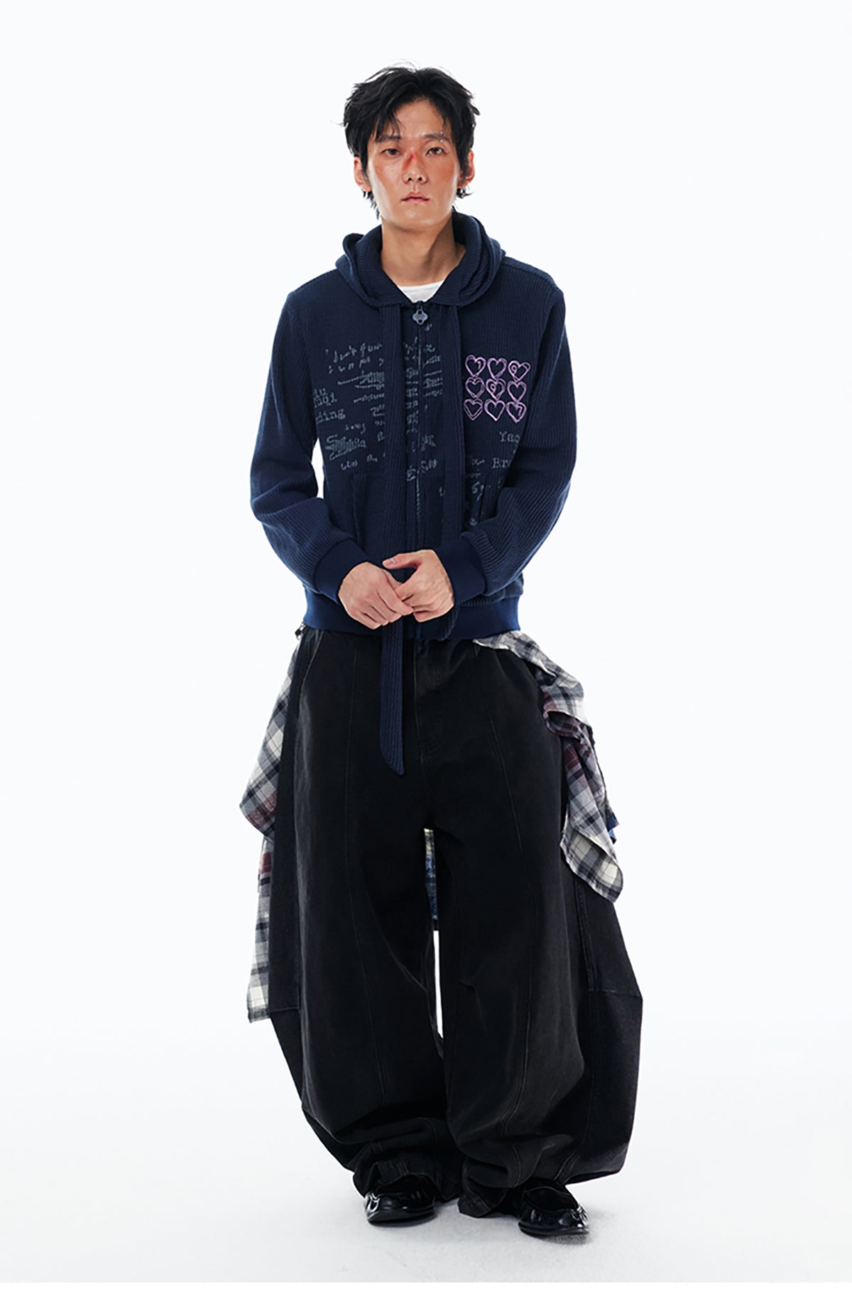 1997 POSTOFFICE Graffiti Waffle-Knit Tie-Strap Zip-Up Hoodie
