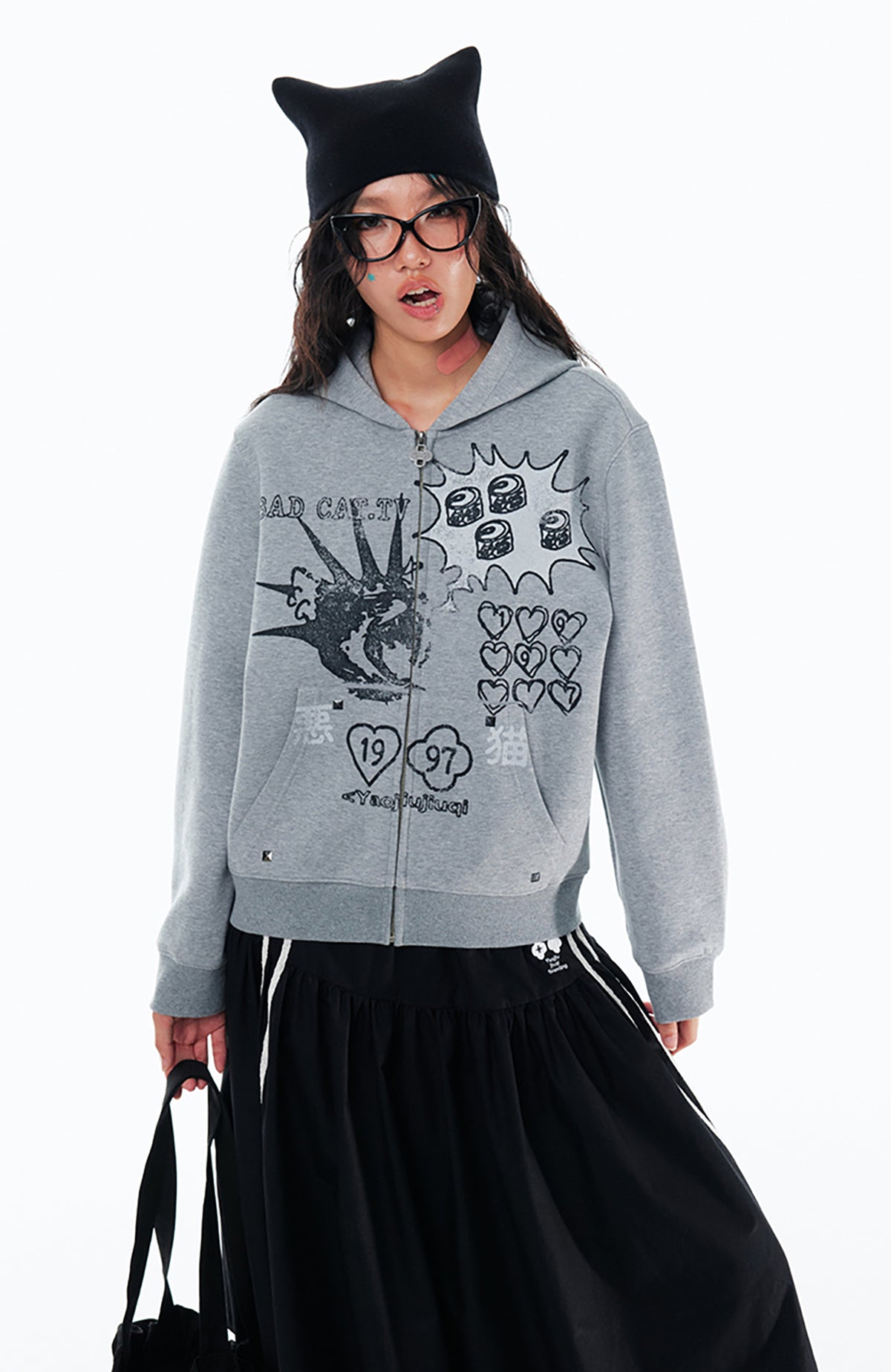 1997 POSTOFFICE Punk Bad Cat Graphic Zip-Up Hoodie