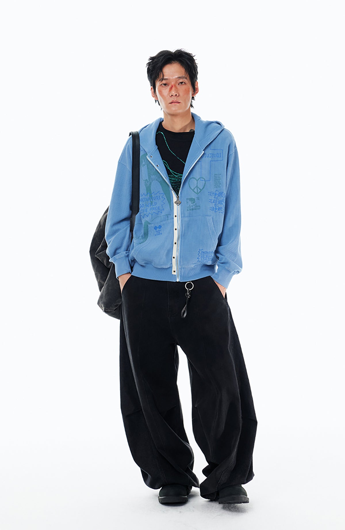 1997 POSTOFFICE Punk Graffiti Waffle-Knit Zip-Up Hoodie