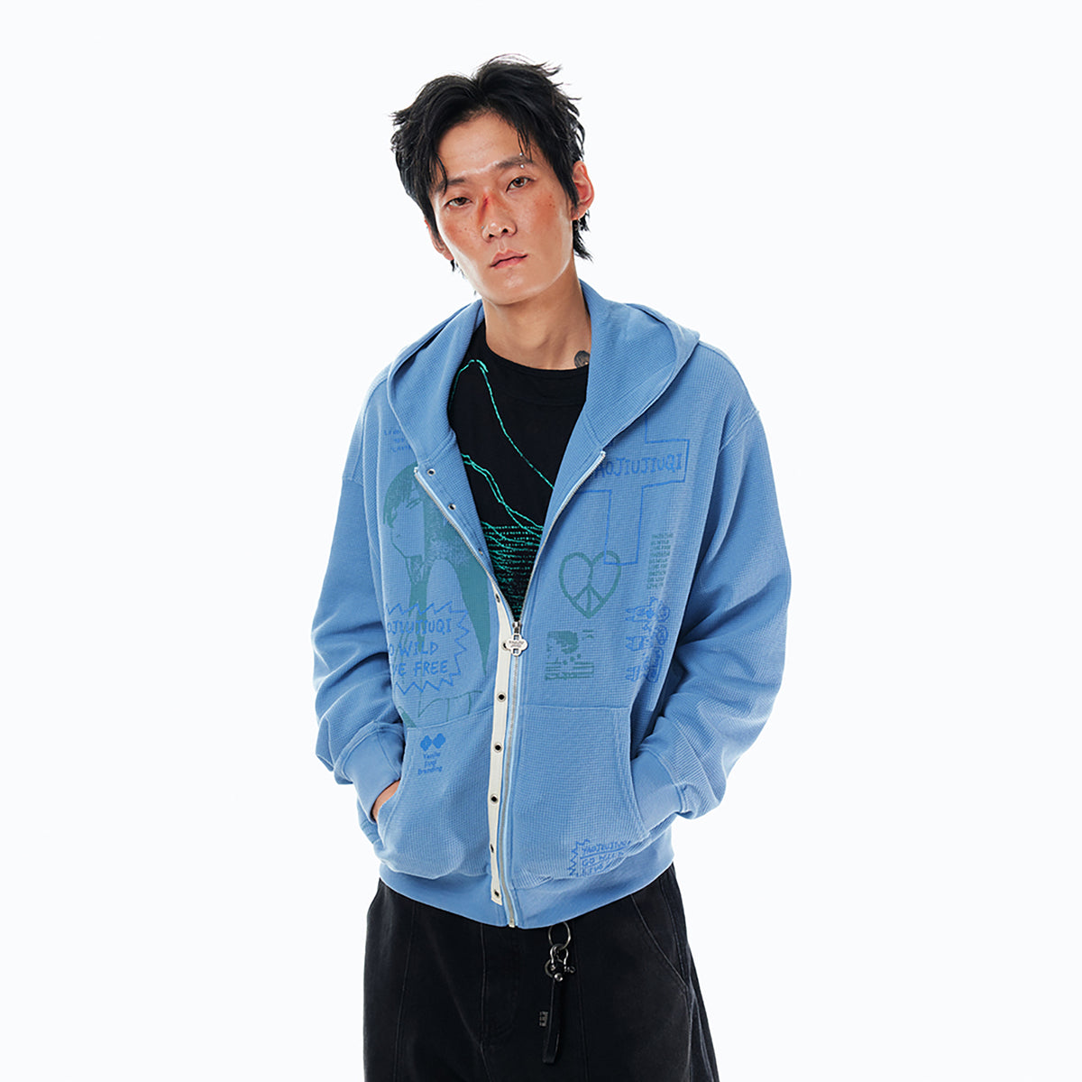 1997 POSTOFFICE Punk Graffiti Waffle-Knit Zip-Up Hoodie