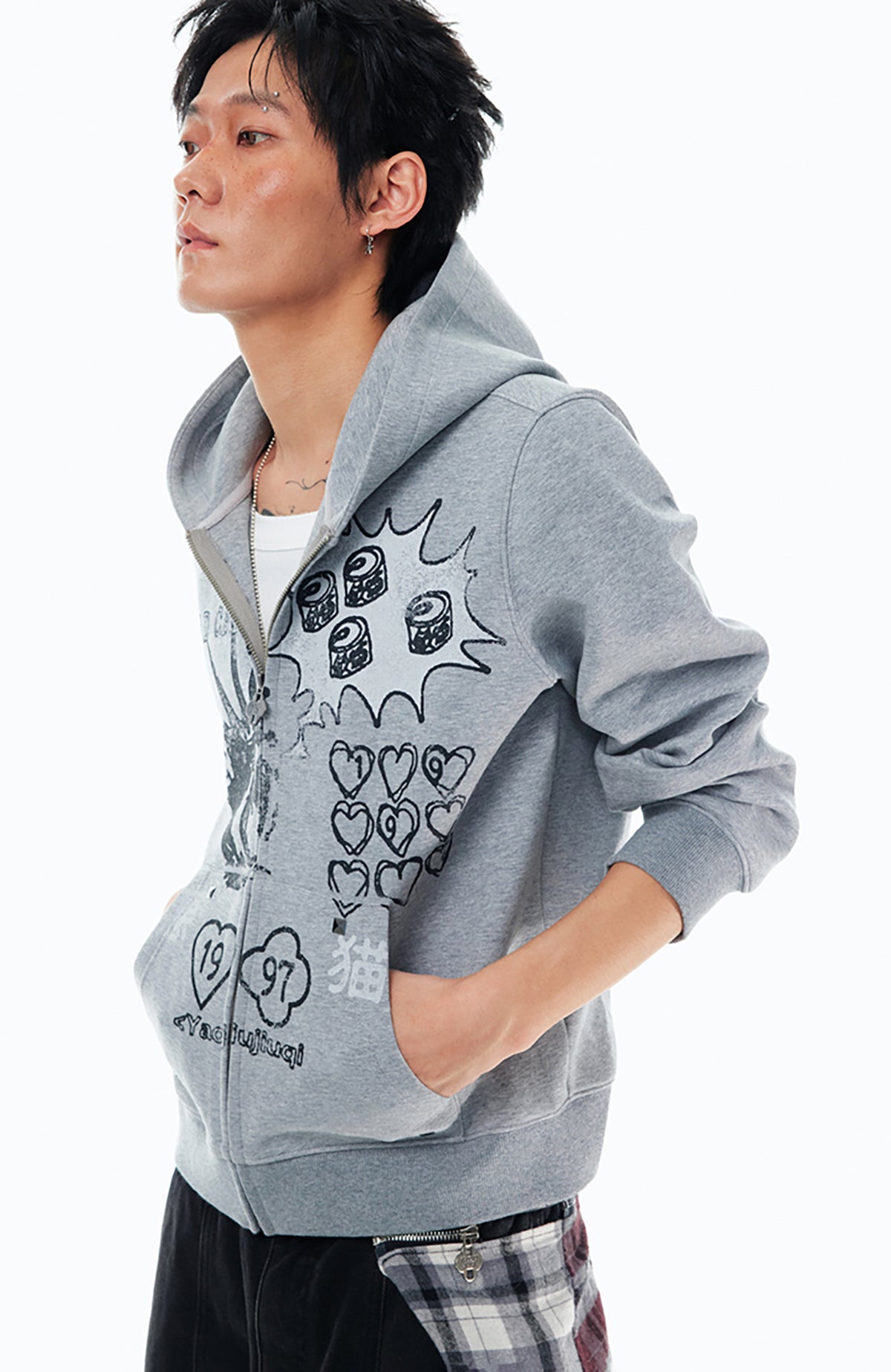 1997 POSTOFFICE Punk Bad Cat Graphic Zip-Up Hoodie
