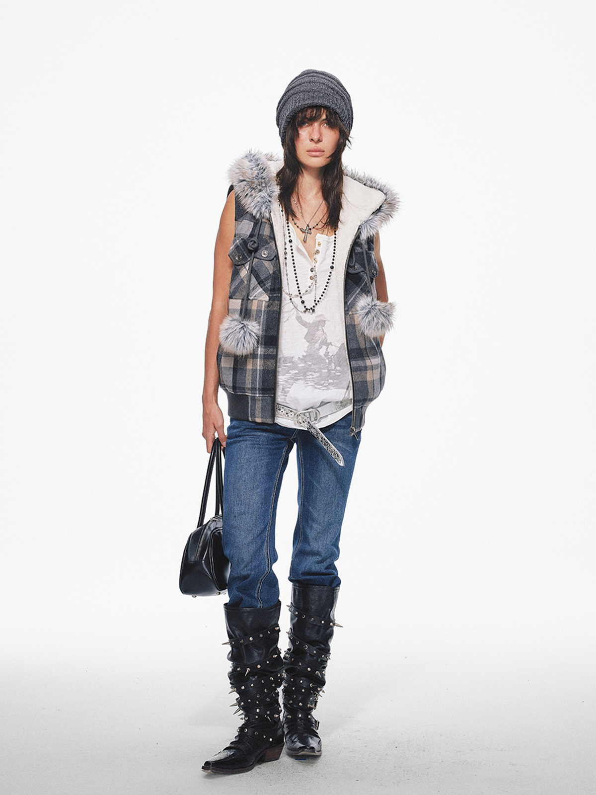 TRECLUB Retro Plaid Hooded Faux Fur Collar Vest
