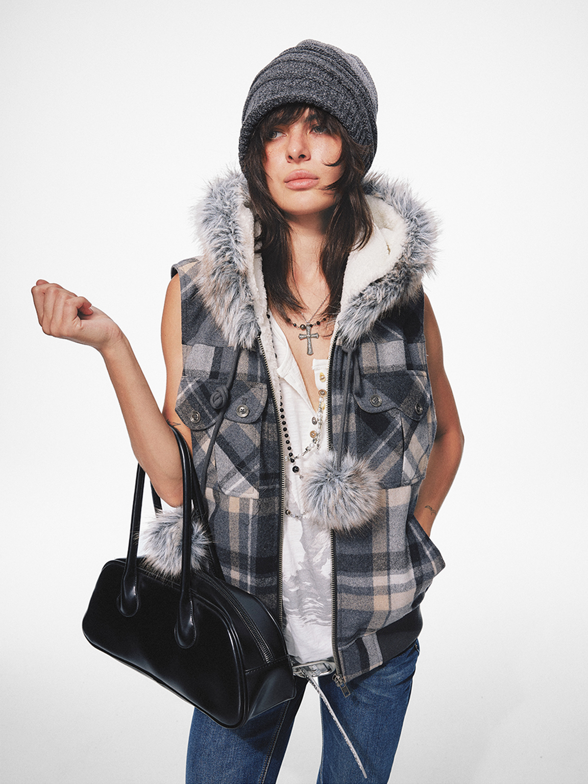 TRECLUB Retro Plaid Hooded Faux Fur Collar Vest