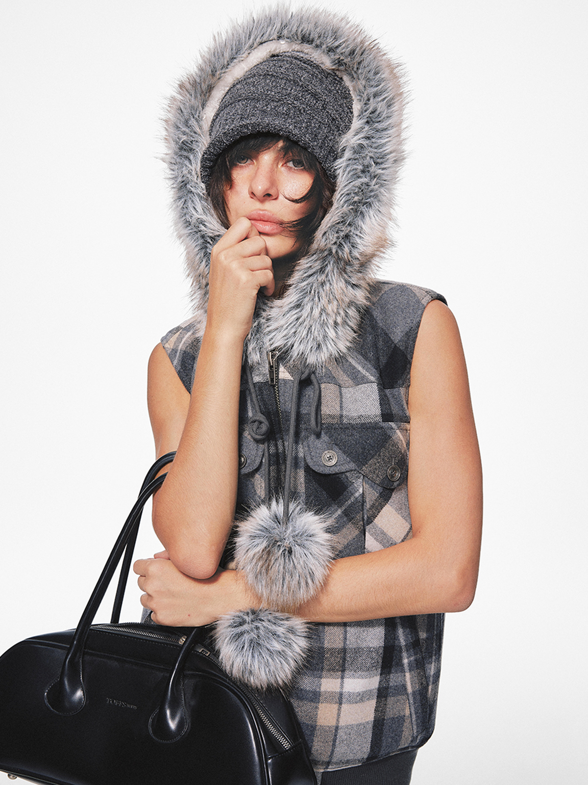 TRECLUB Retro Plaid Hooded Faux Fur Collar Vest