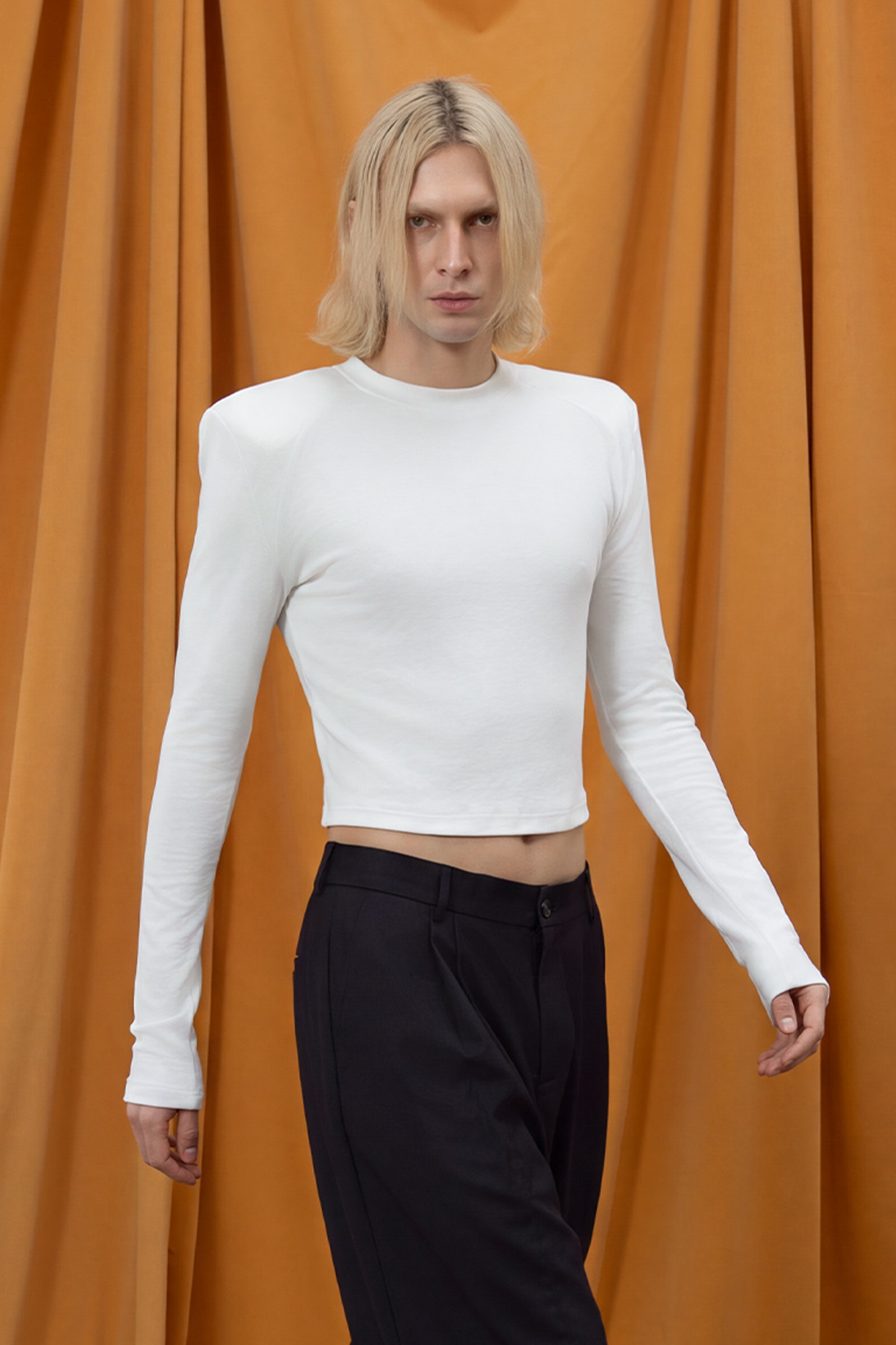 CLP Shoulder-Padded Cropped Long-Sleeve Tee