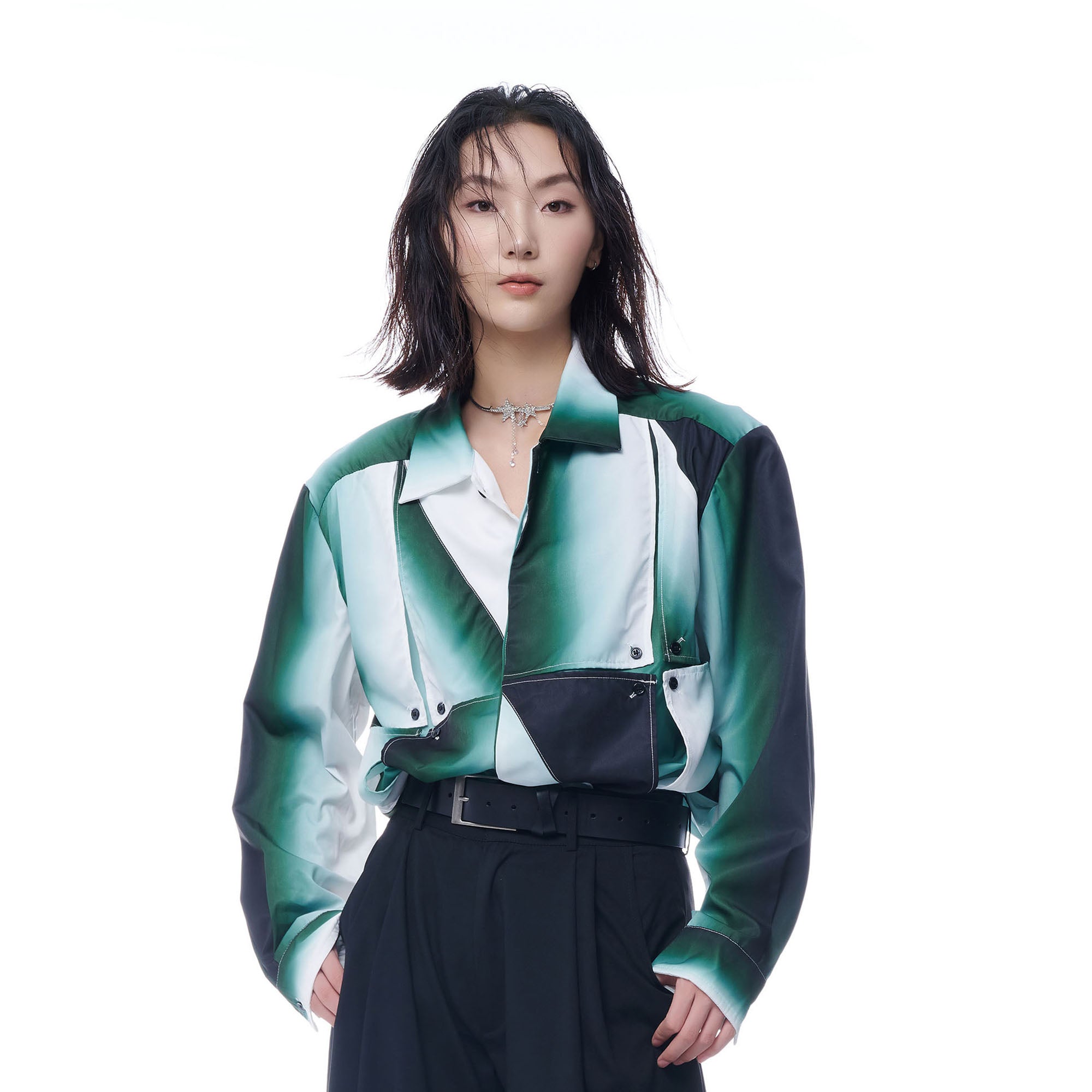 TUIMU Gradient Geometry Panel Acetate Shirt, premium urban and streetwear designers apparel on PROJECTISR.com, TUIMU