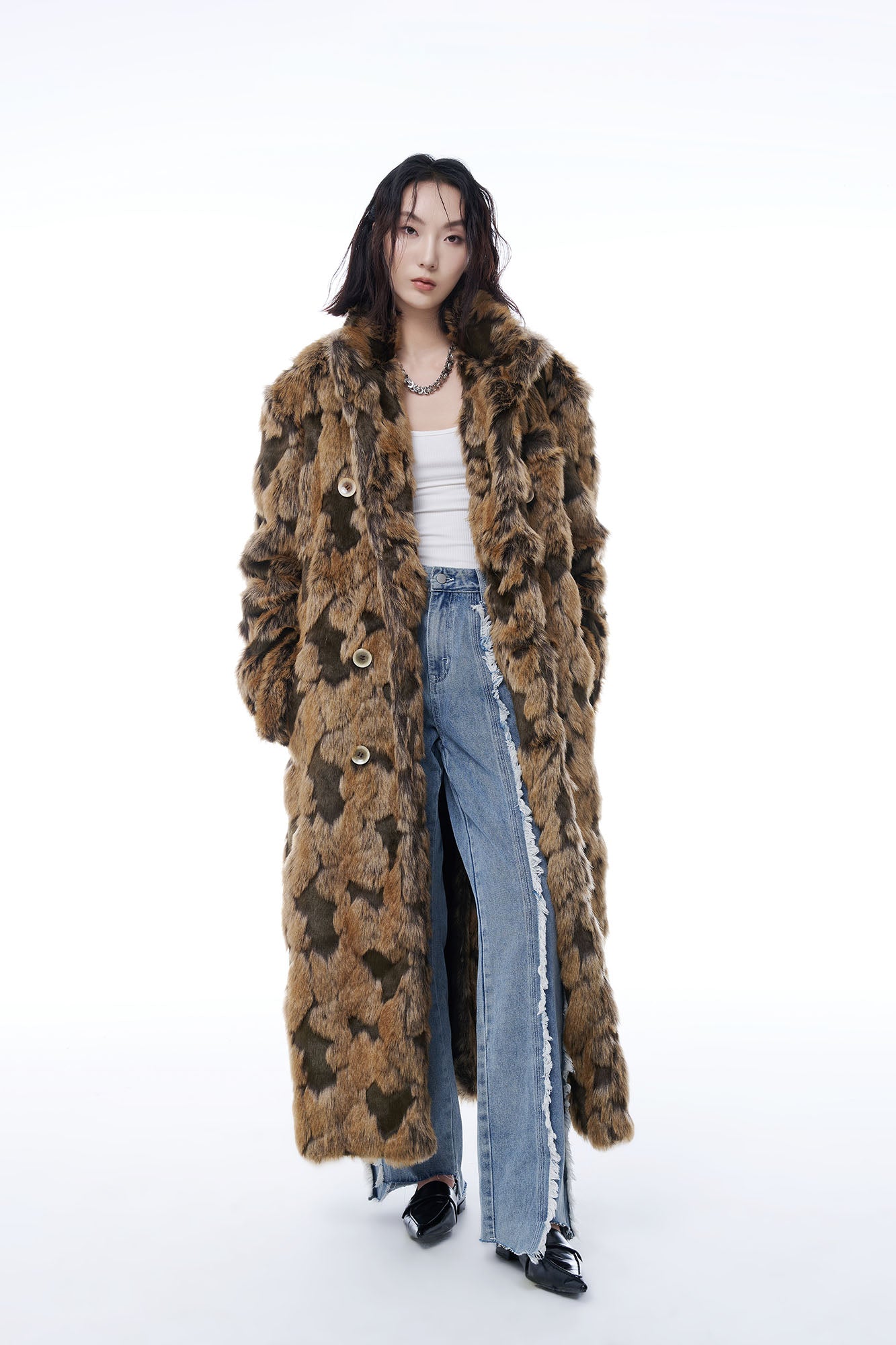 TUIMU Leopard Faux Mink Double-Breasted Coat