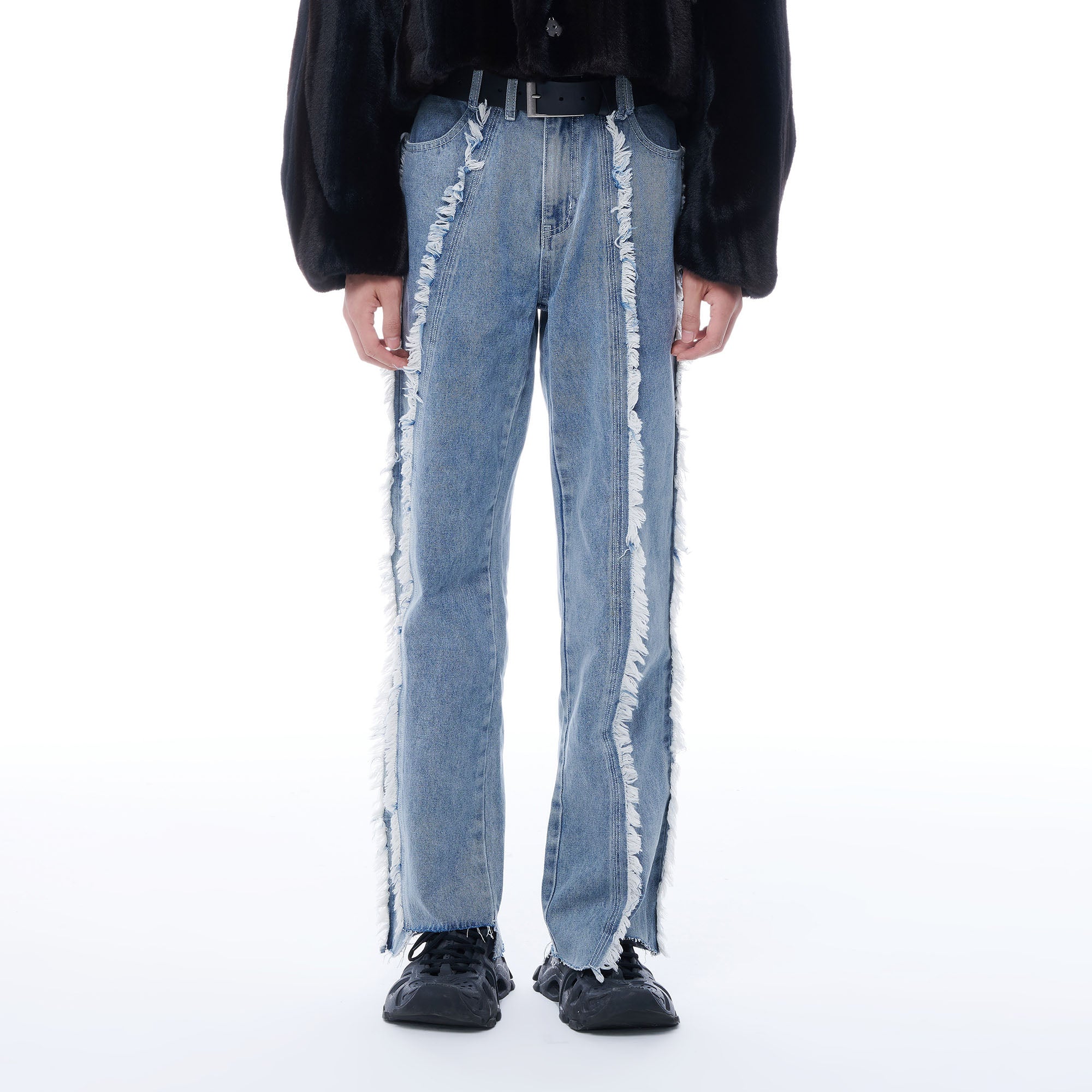 TUIMU Fringe-Trim Straight-Leg Washed Jeans, premium urban and streetwear designers apparel on PROJECTISR.com, TUIMU