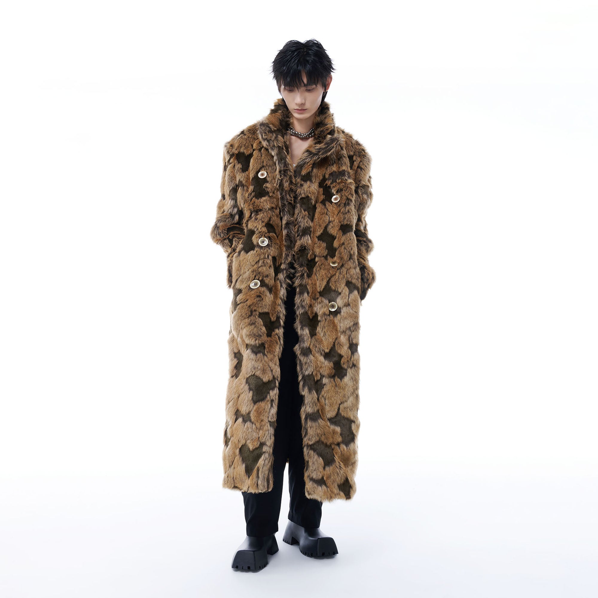 TUIMU Leopard Faux Mink Double-Breasted Coat