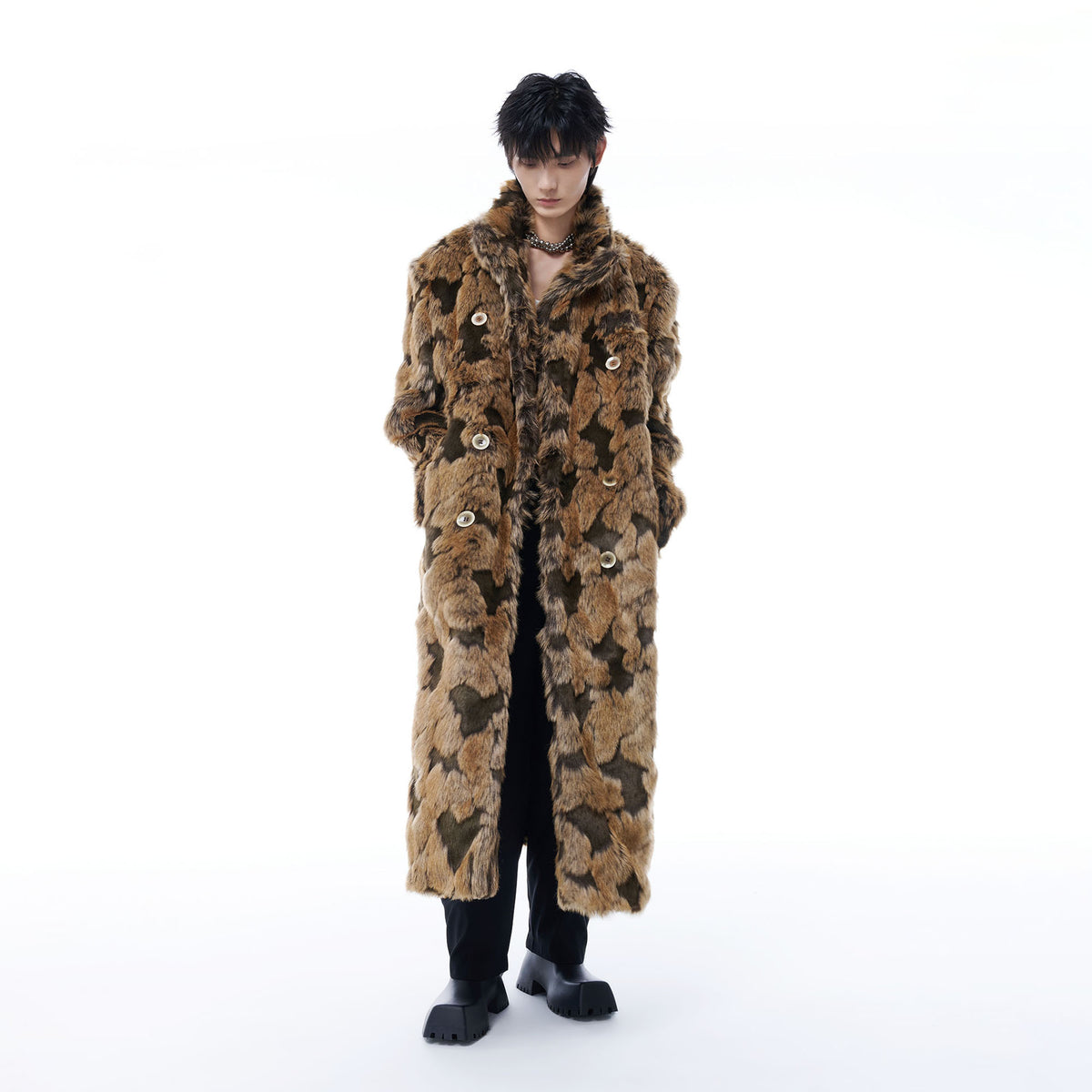TUIMU Leopard Faux Mink Double-Breasted Coat