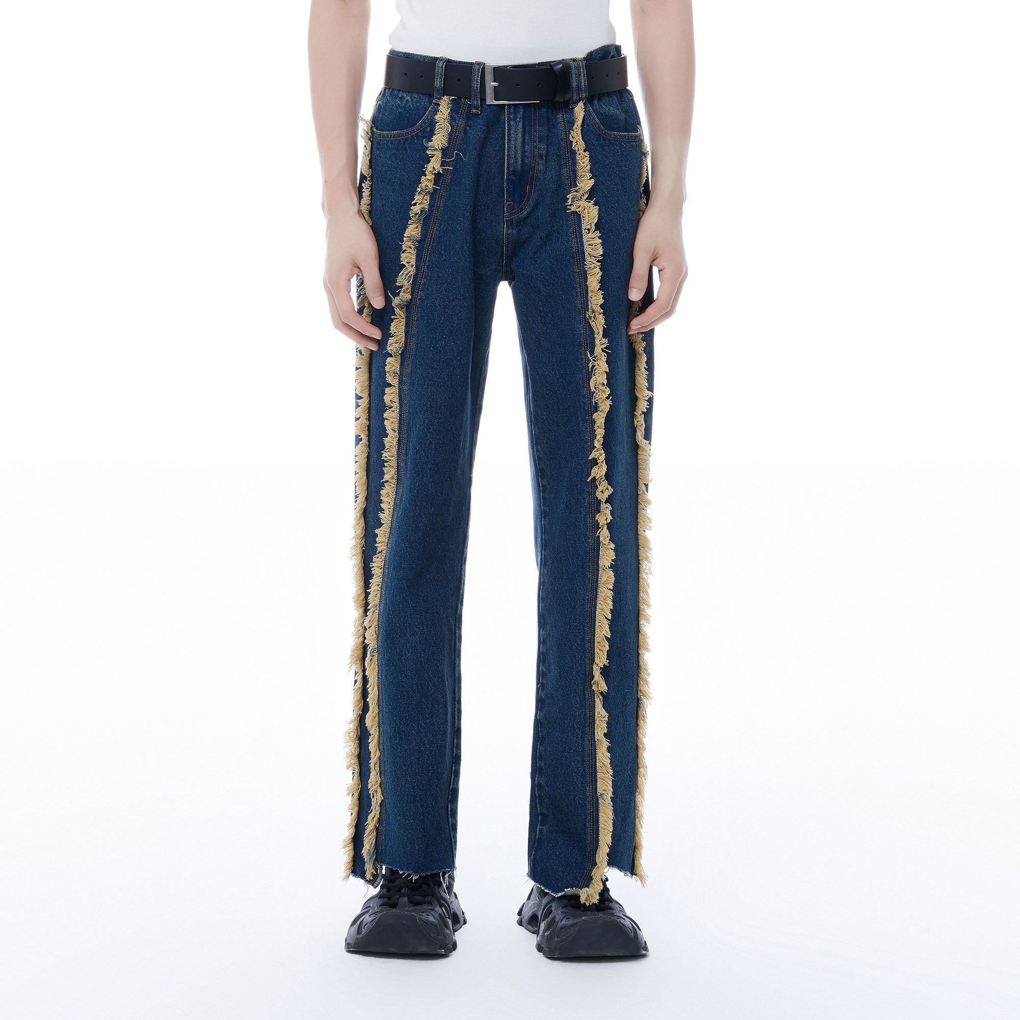 TUIMU Fringe-Trim Straight-Leg Washed Jeans, premium urban and streetwear designers apparel on PROJECTISR.com, TUIMU