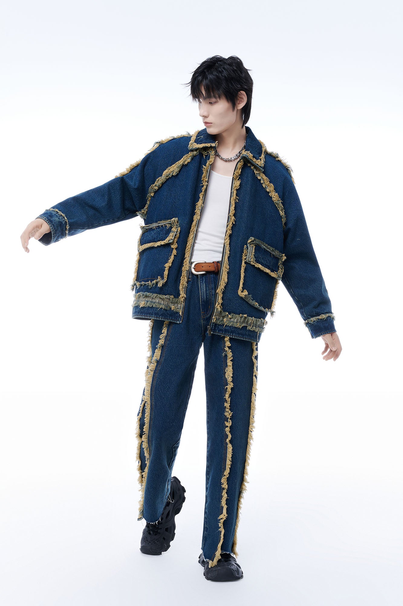 TUIMU Fringe-Trim Denim Jacket, premium urban and streetwear designers apparel on PROJECTISR.com, TUIMU