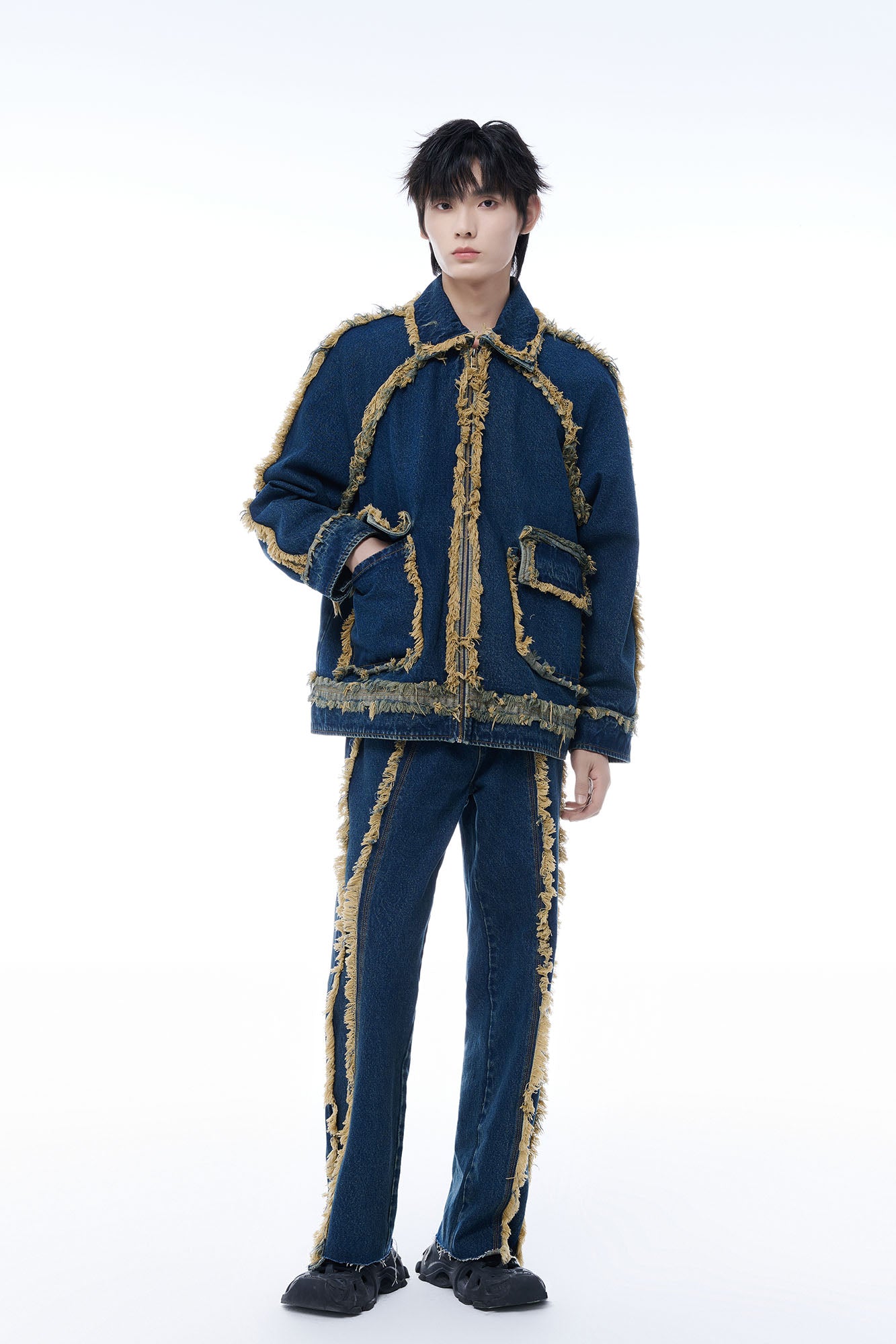 TUIMU Fringe-Trim Denim Jacket, premium urban and streetwear designers apparel on PROJECTISR.com, TUIMU