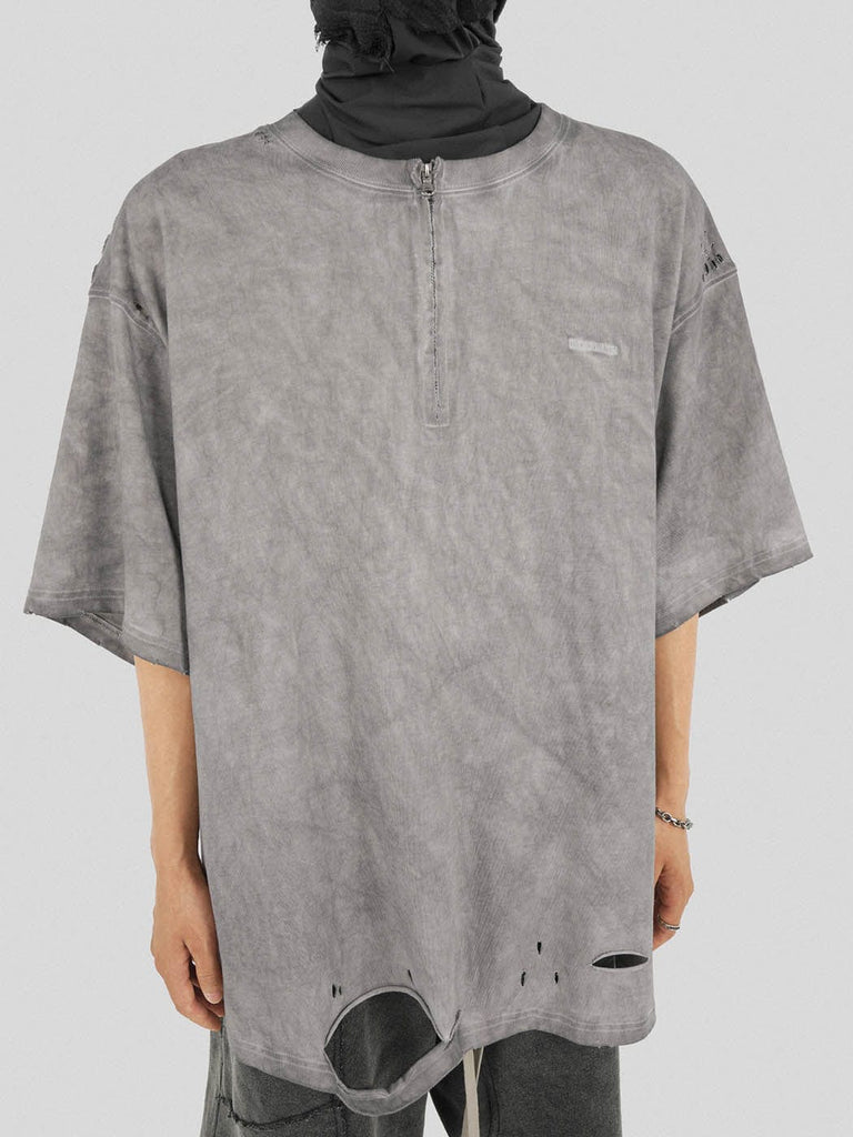 UNDERWATER Cross Paneled Ripped Zip-Up T-Shirt Grey, premium urban and streetwear designers apparel on PROJECTISR.com, UNDERWATER
