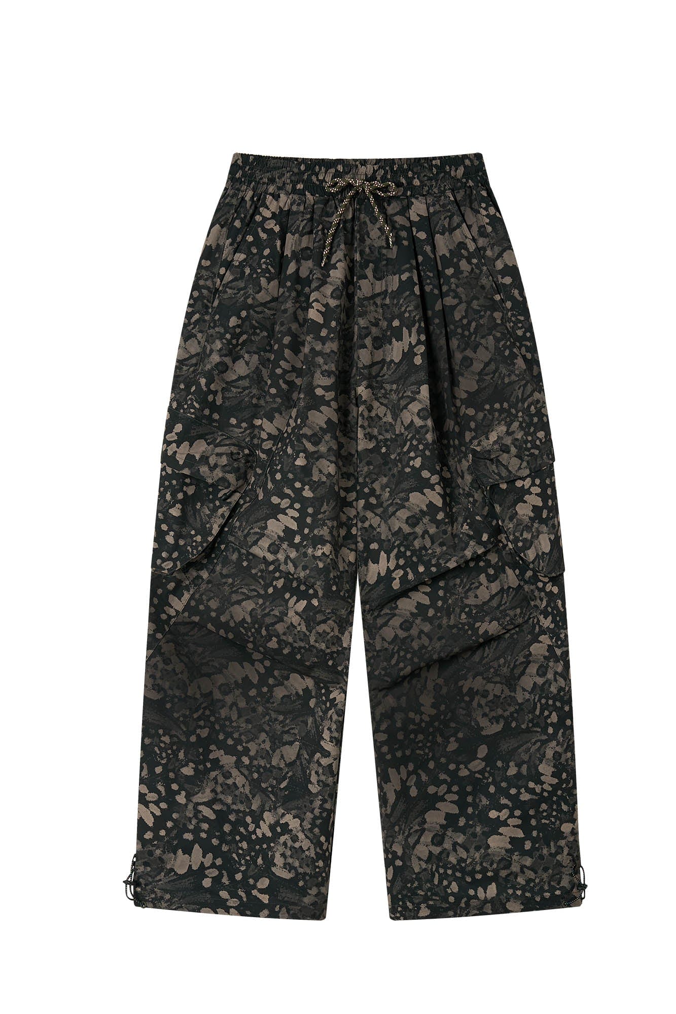 1997 POSTOFFICE Splatter Camo Crinkled Drawstring Cargo Pants, premium urban and streetwear designers apparel on PROJECTISR.com, 1997 POSTOFFICE