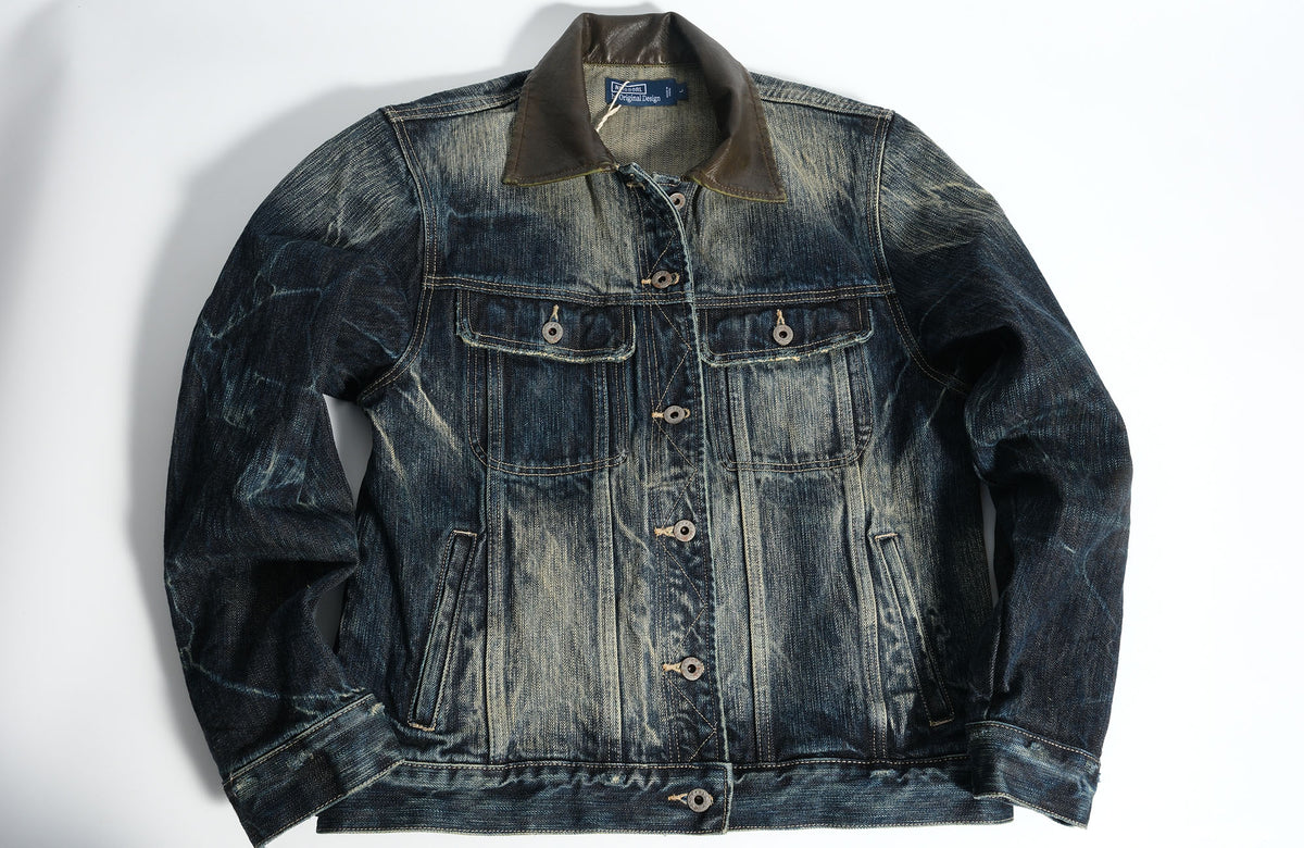 NEIGBORL Washed Faux Leather Collar Denim Jacket