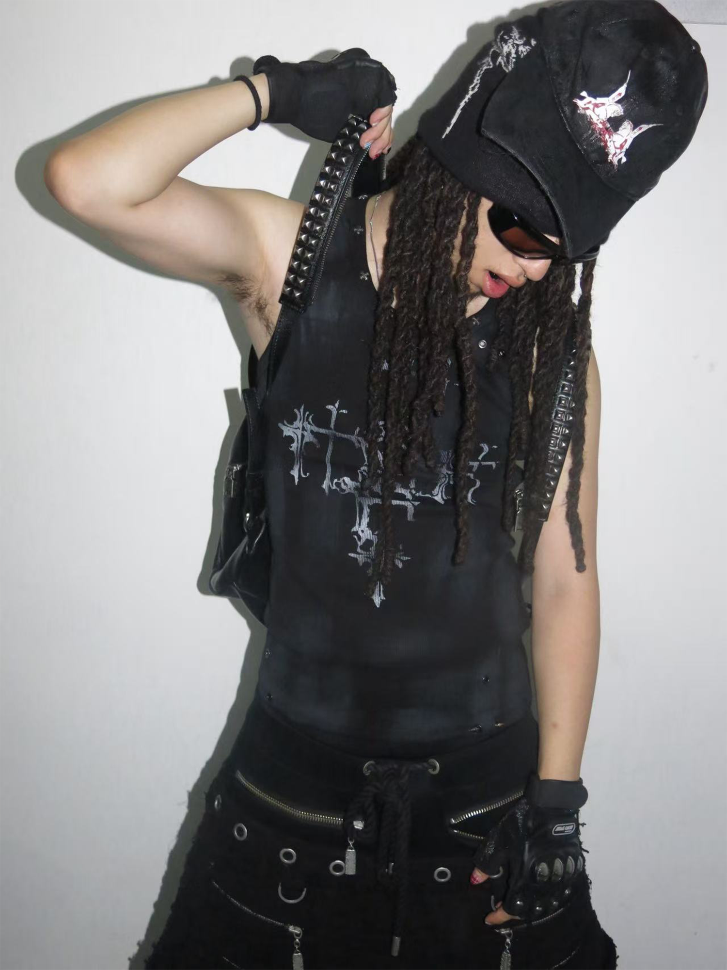 TH4SWE Retro Gothic Cross Graphic Studded Tank Top