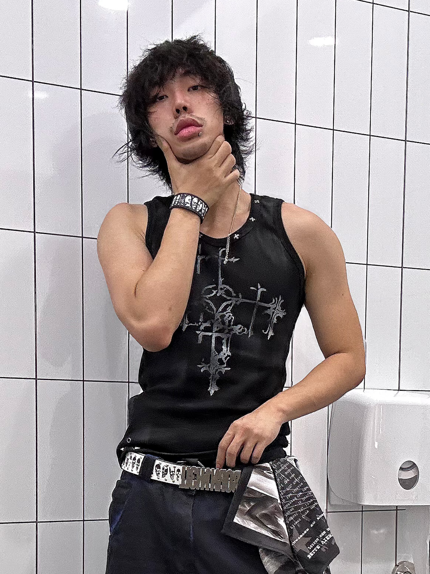 TH4SWE Retro Gothic Cross Graphic Studded Tank Top