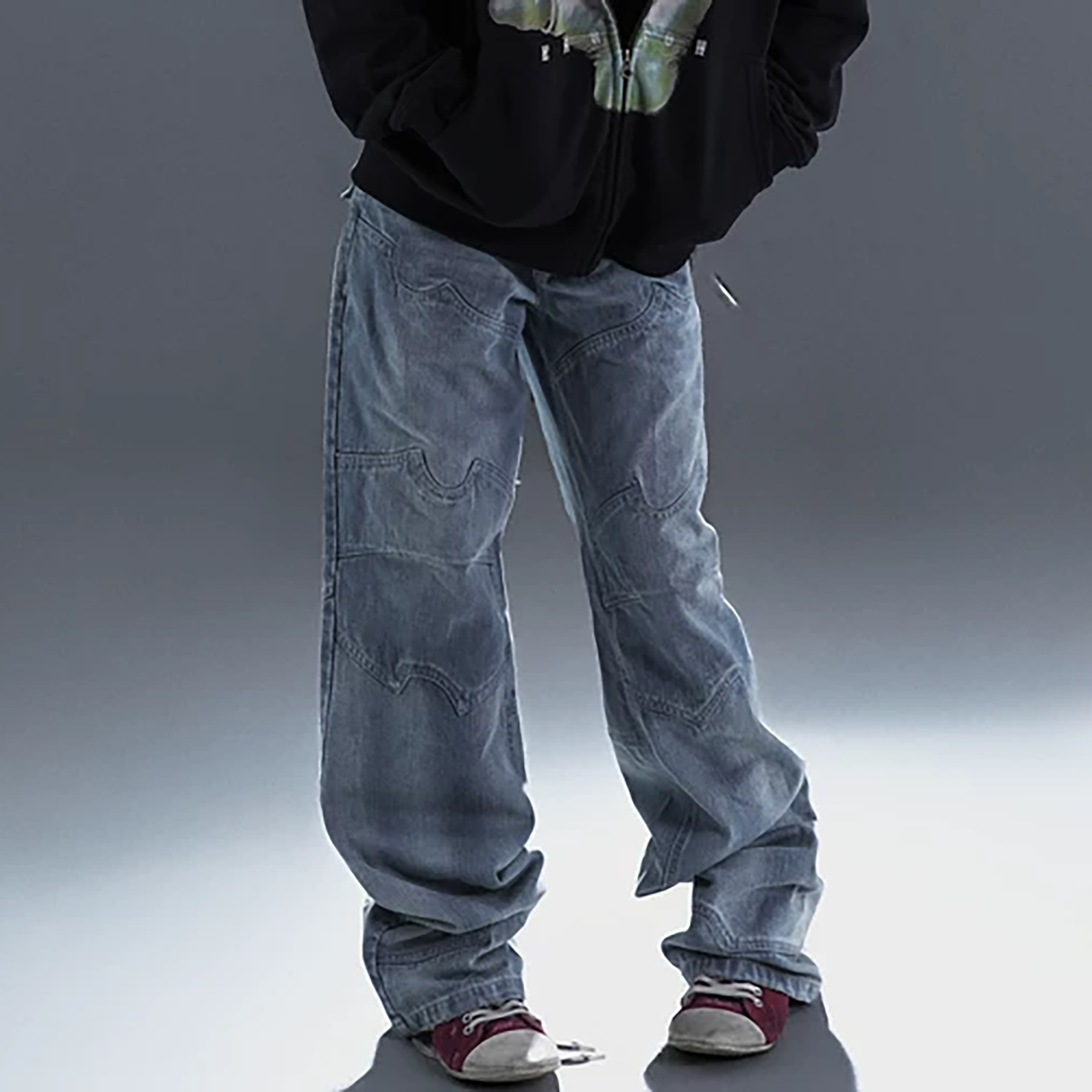 PCCVISION Washed Paneled Straight-Leg Denim