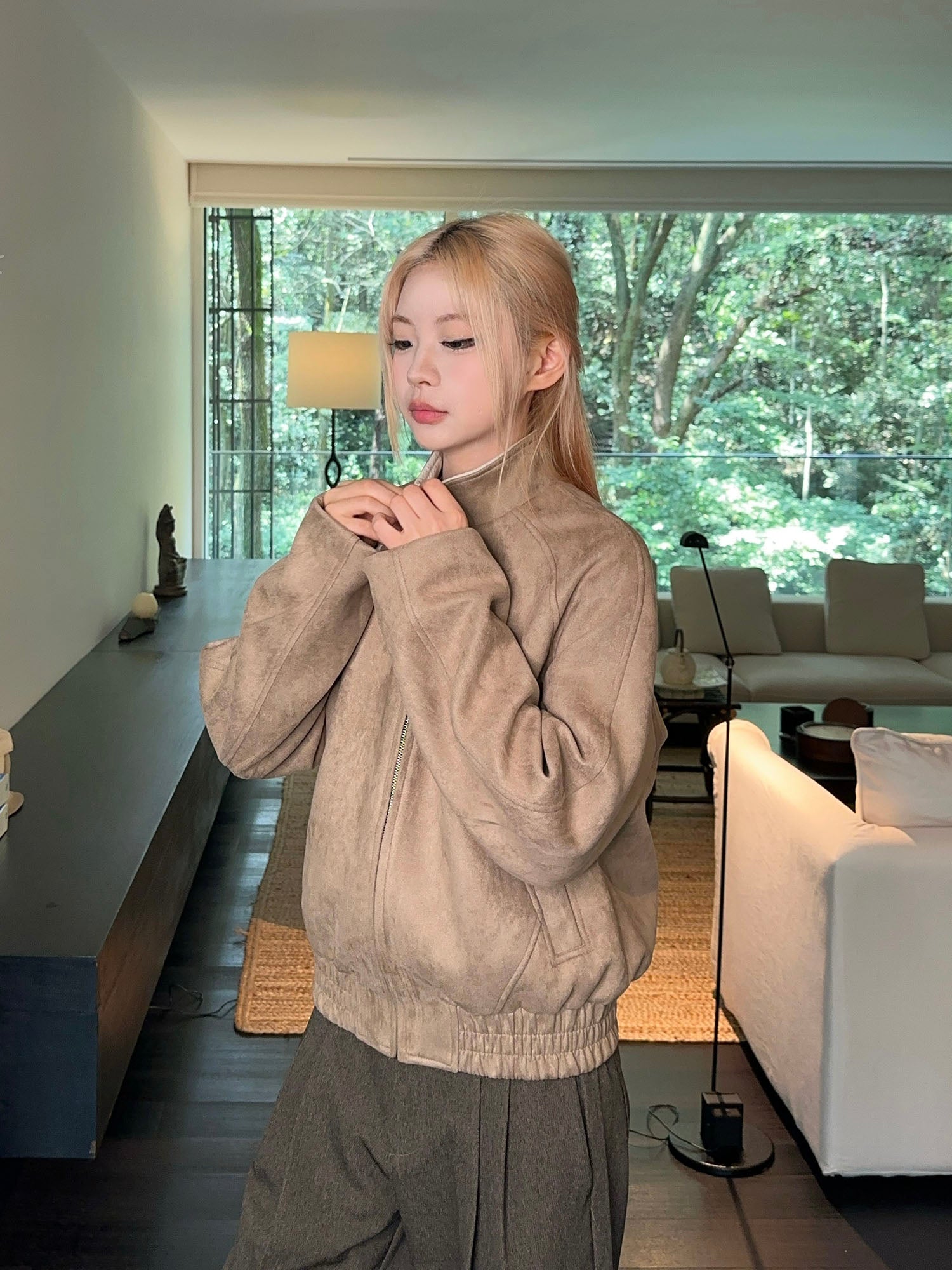 OKAYTHXBYE Contrast Collar Suede Jacket