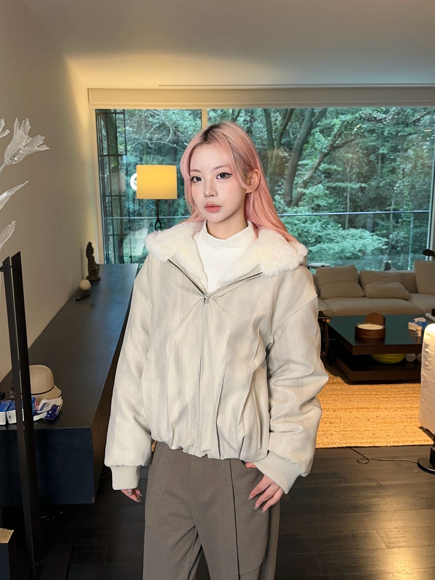 OKAYTHXBYE Faux Mink Lined Hooded Bomber Jacket