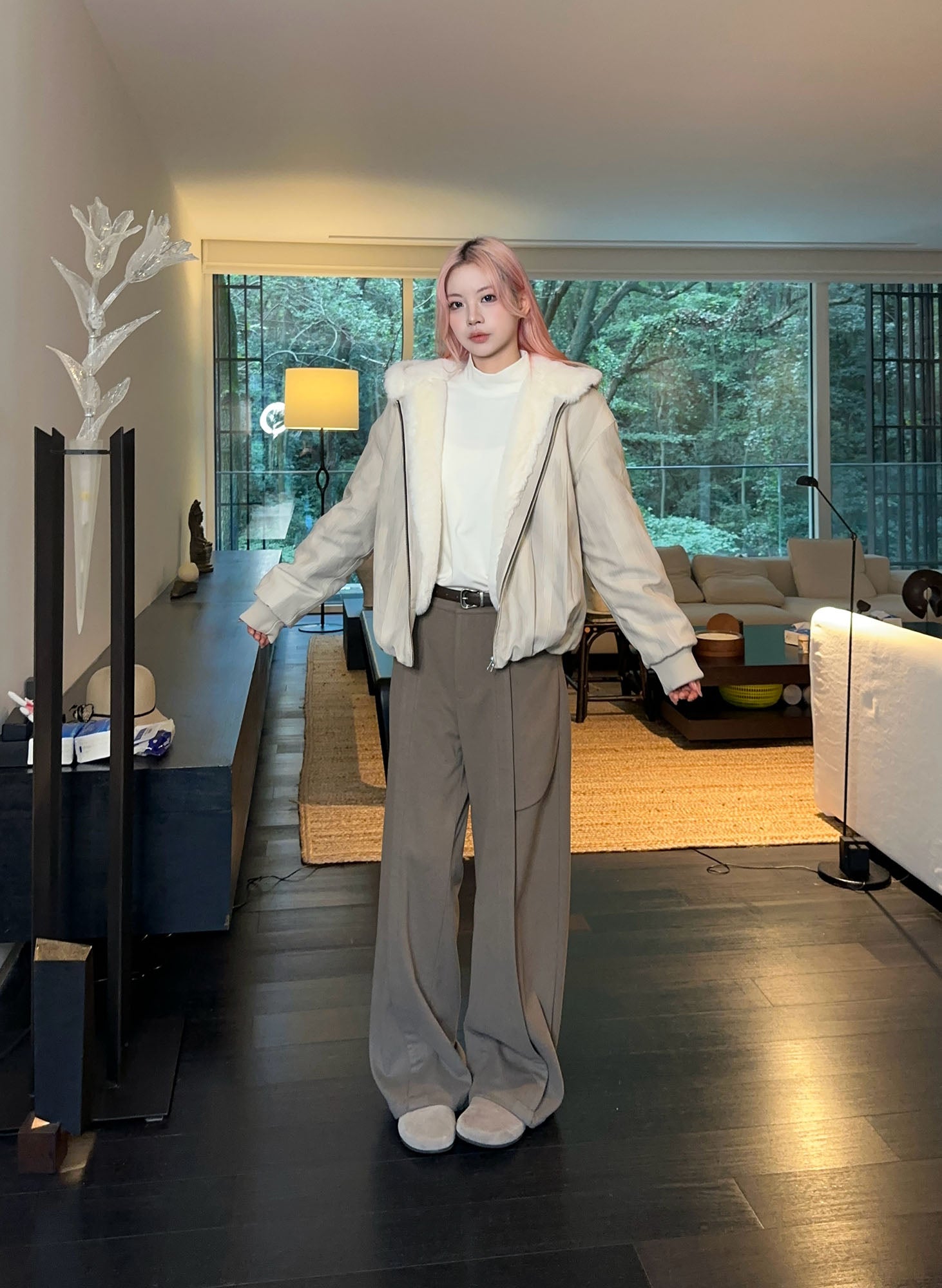 OKAYTHXBYE Faux Mink Lined Hooded Bomber Jacket