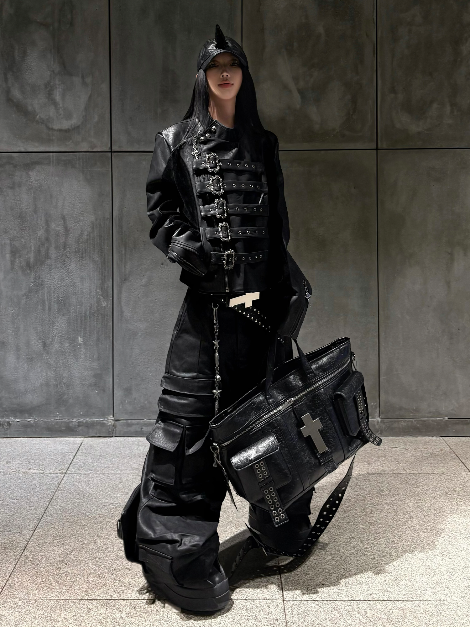 TH4SWE Retro Ornate Buckled Faux Leather Jacket